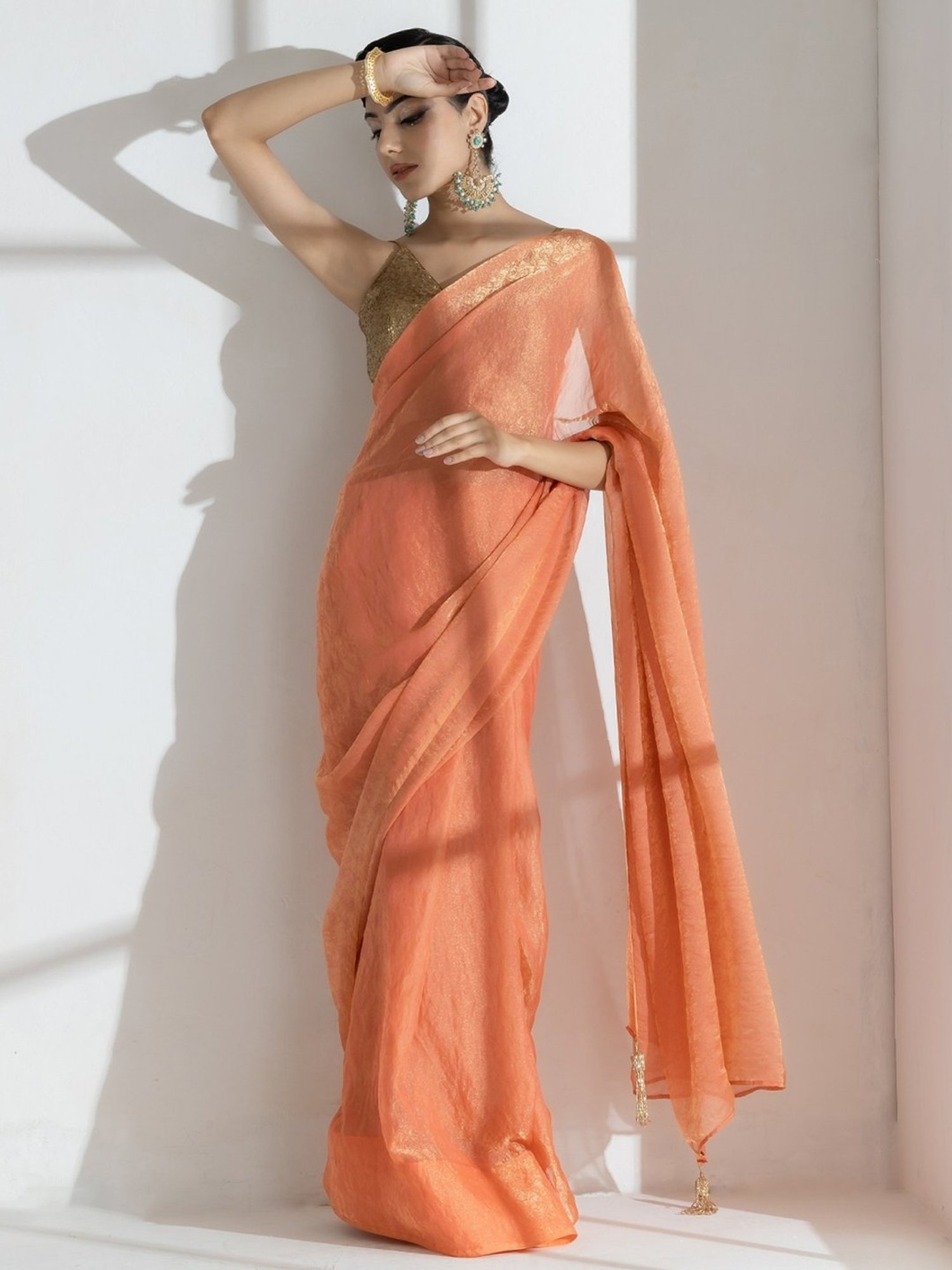 Swtantra Peach Woven Saree Without Blouse
