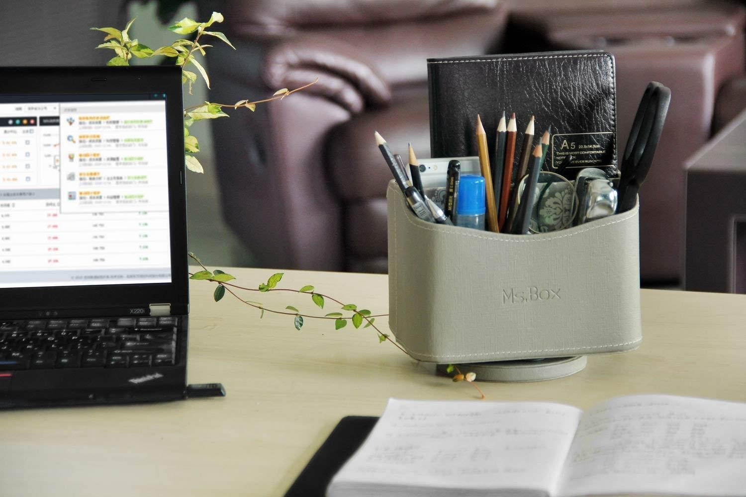 Ms.Box Media Storage PU Leather Spinning Remote Control Holder Organizer, Remote Caddy, Remote Controller Holder Soft Fabric Lining, Grey, 7.3X 5.5 x 6 inches