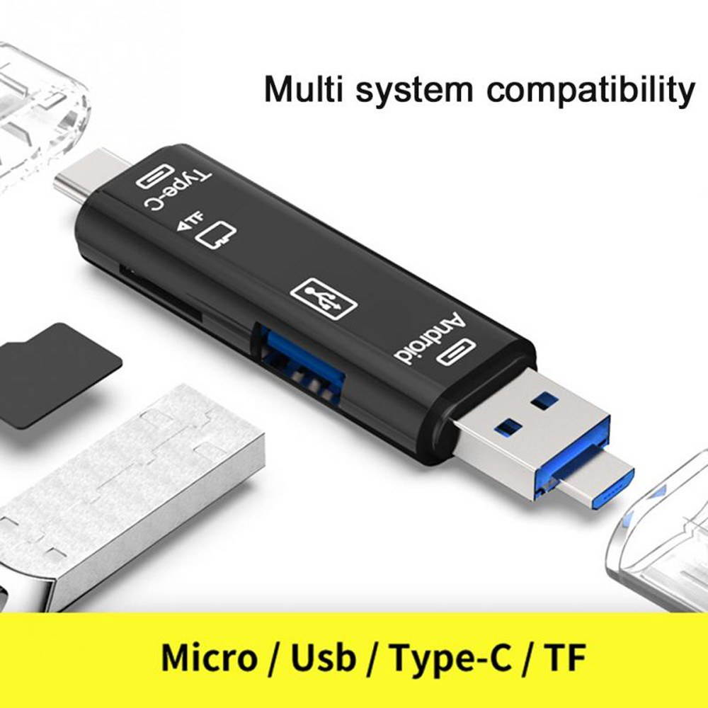 3 in 1 Type-C Card Reader Micro USB Type-C OTG Extension High Speed TF Memory Card Reader for PC Computer Phone Black
