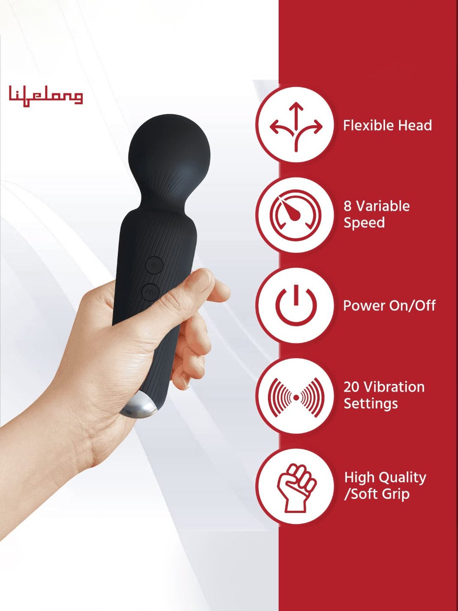 Lifelong LLM468 Rechargeable Wireless Body Massager Machine with 20 Vibration Modes (Black)