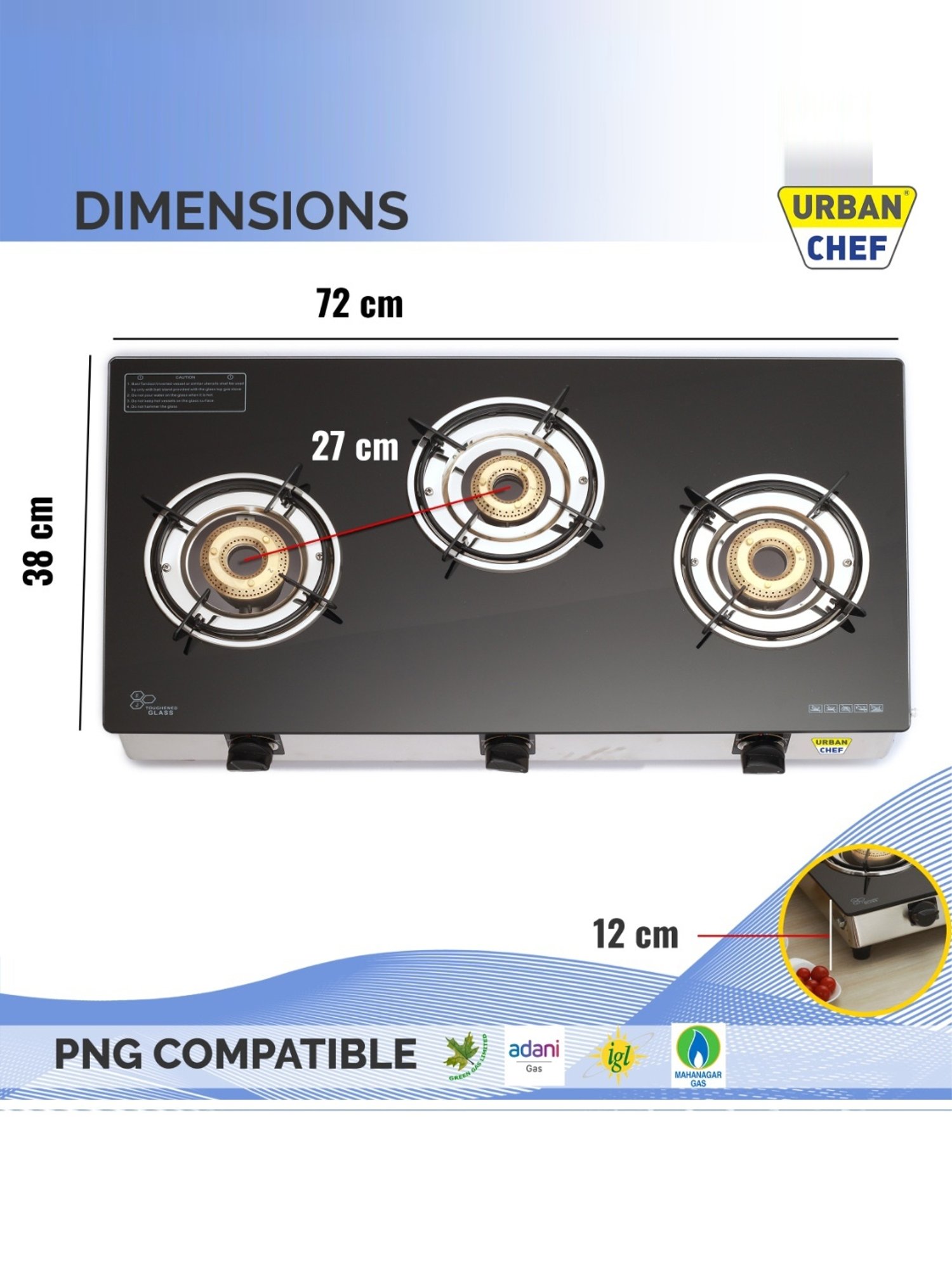 Urban Chef Gas Stove with 3 Burners ( Black )