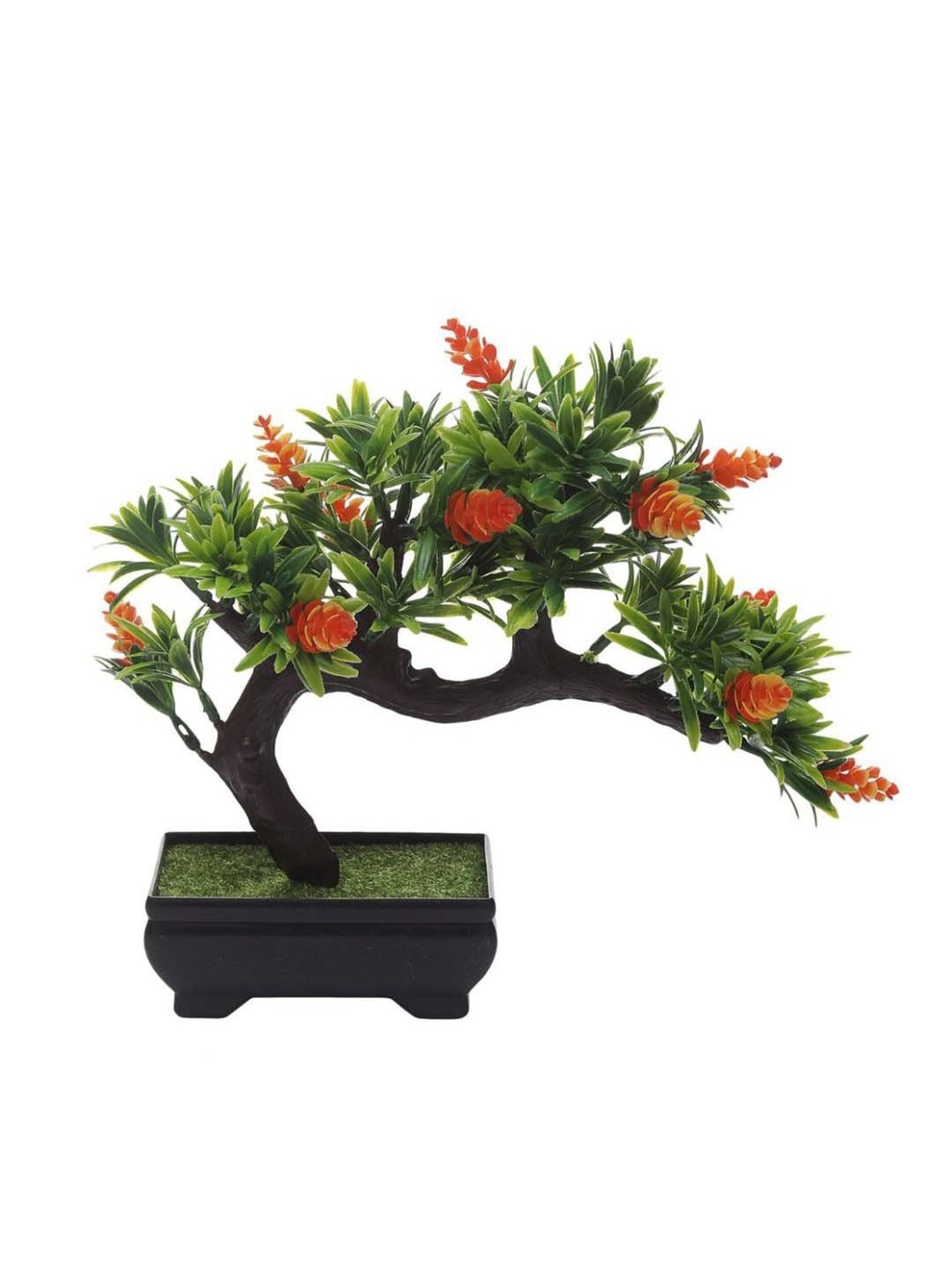 Foliyaj Orange & Green Plastic Artificial Bent Bonsai Tree With Cones