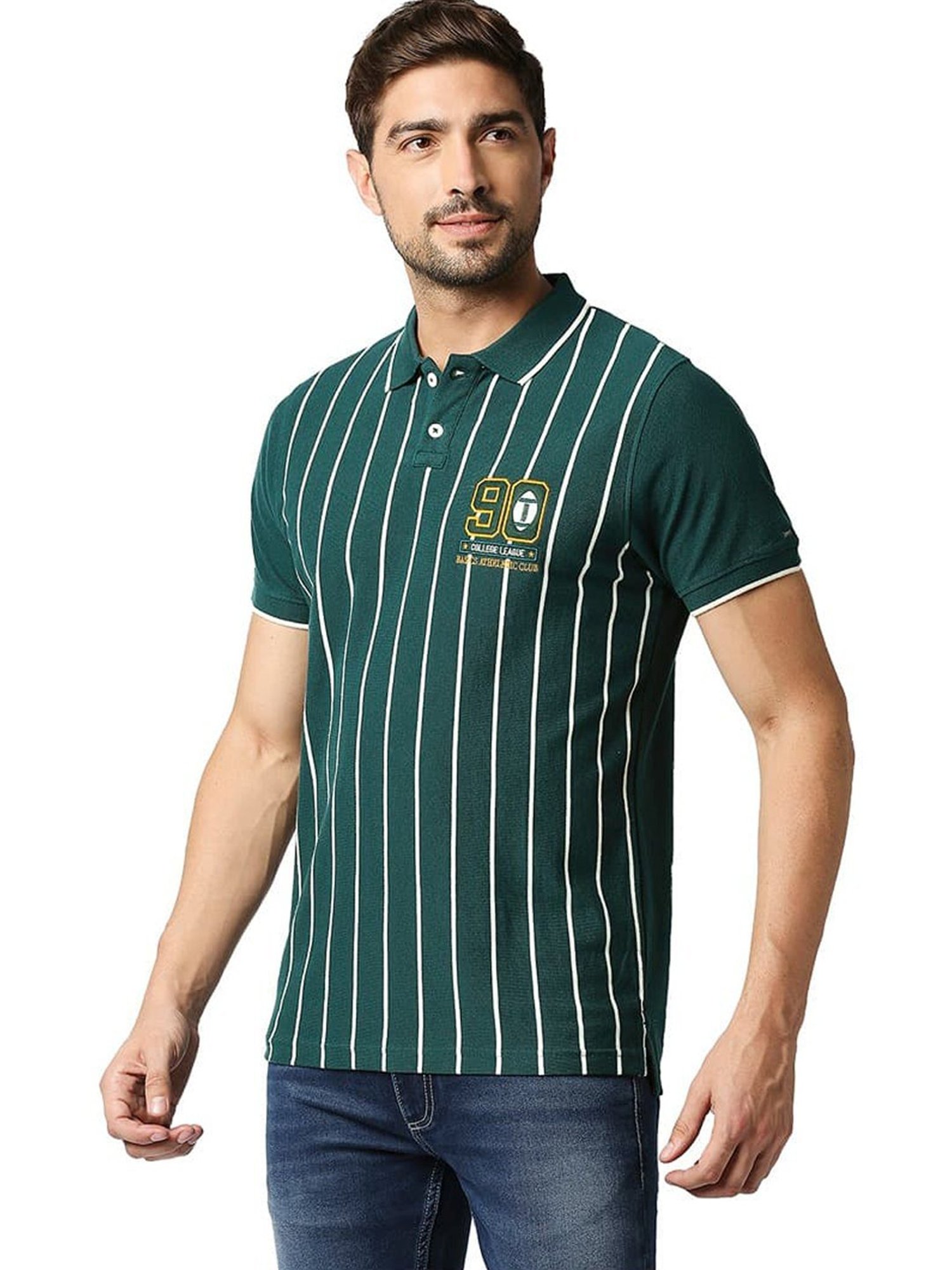 Basics June Bug Cotton Muscle Fit Striped Polo T-Shirt
