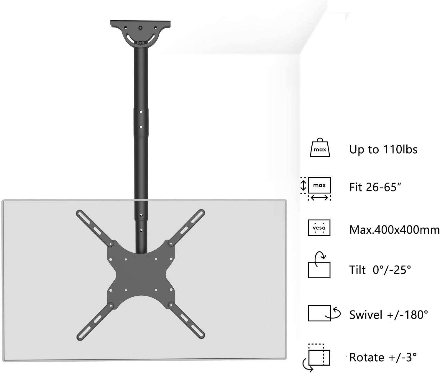 TV Ceiling Mount Adjustable Bracket Fits Most LED, LCD, OLED and Plasma Flat Screen Display 26 to 65 Inch, up to 110 Lbs, VESA 400x400mm (CM2665), Black