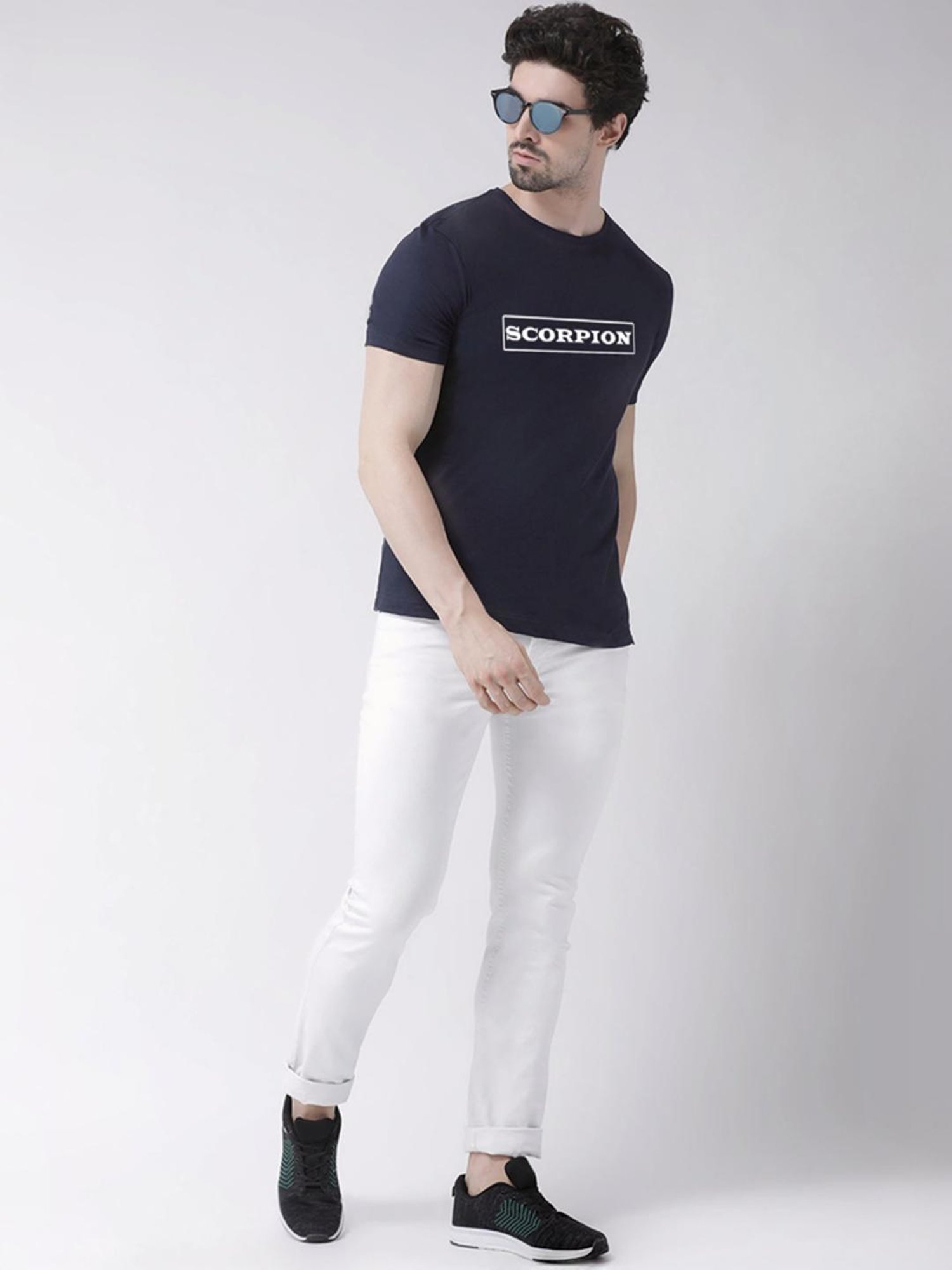 Friskers Navy Blue Cotton Slim Fit Printed T-Shirt