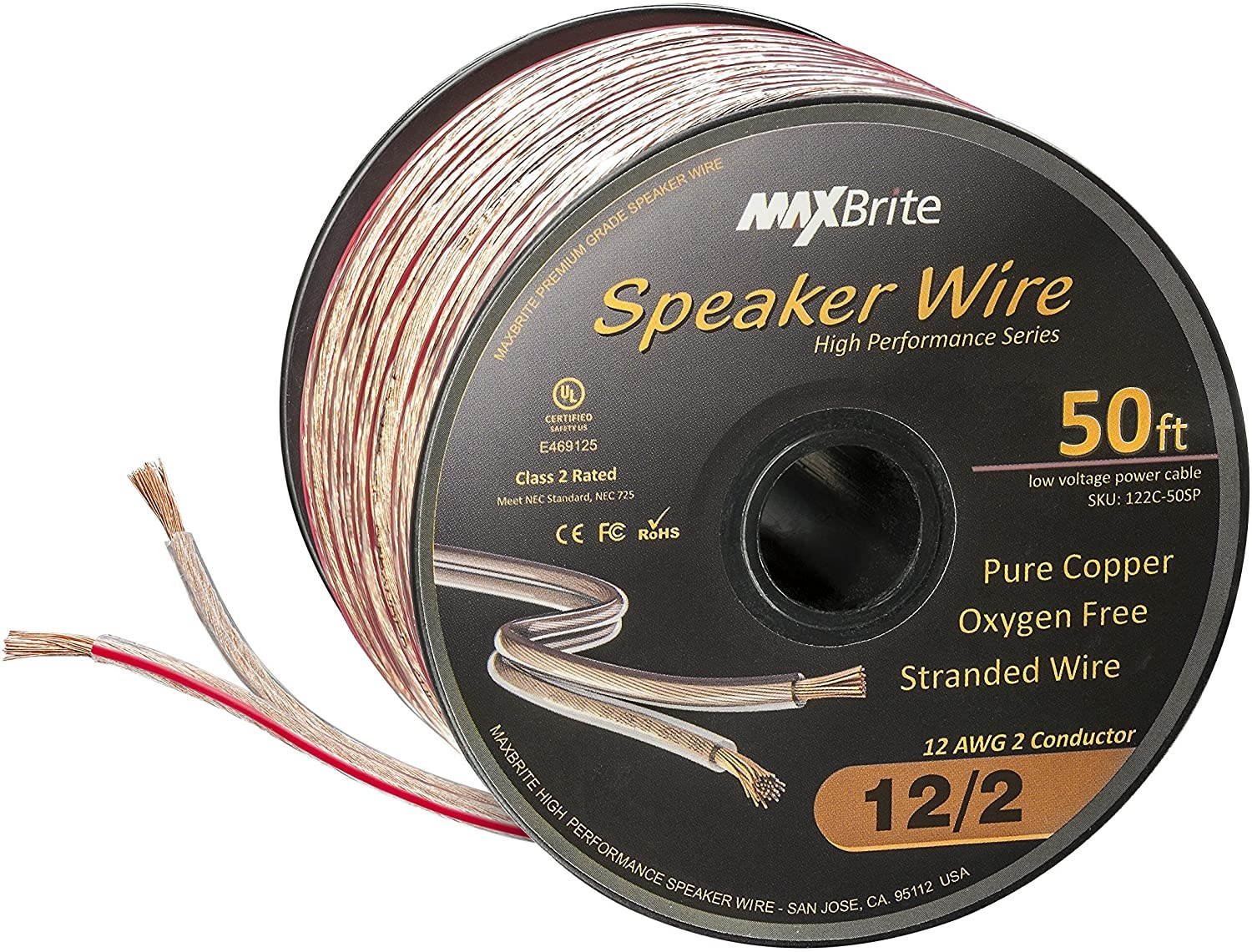 High Performance 12 Gauge Speaker Wire Oxygen Free Pure Copper - UL Listed Class 2 (50 Feet Spool)