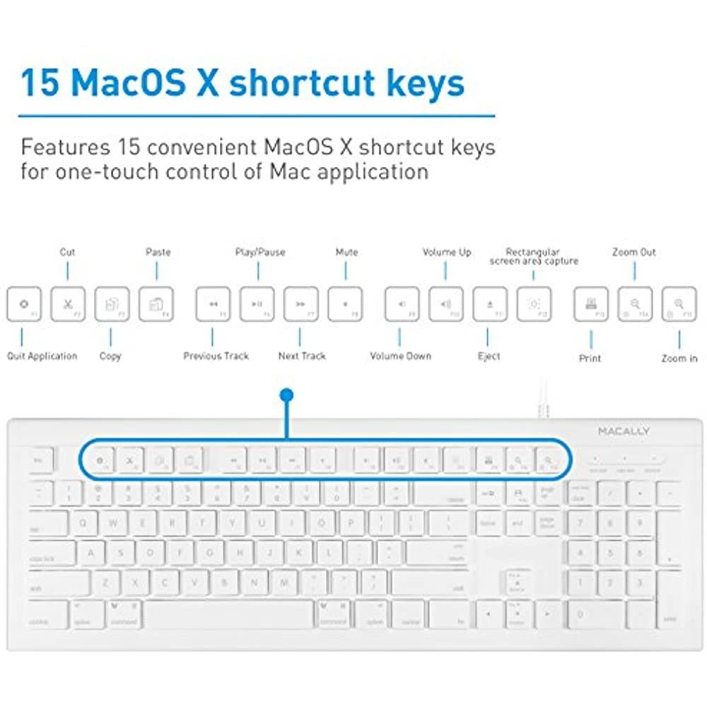 Macally Full Size  (MKEYE) for Mac and PC (White) w/Shortcu... USB Wired Keyboard