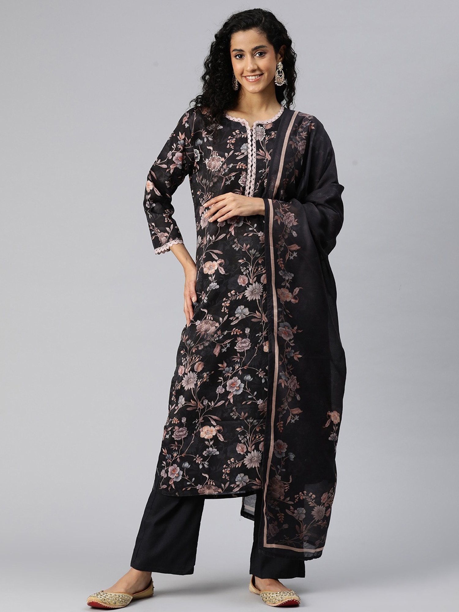 READIPRINT FASHIONS Black Cotton Floral Print Kurta Pant Set With Dupatta