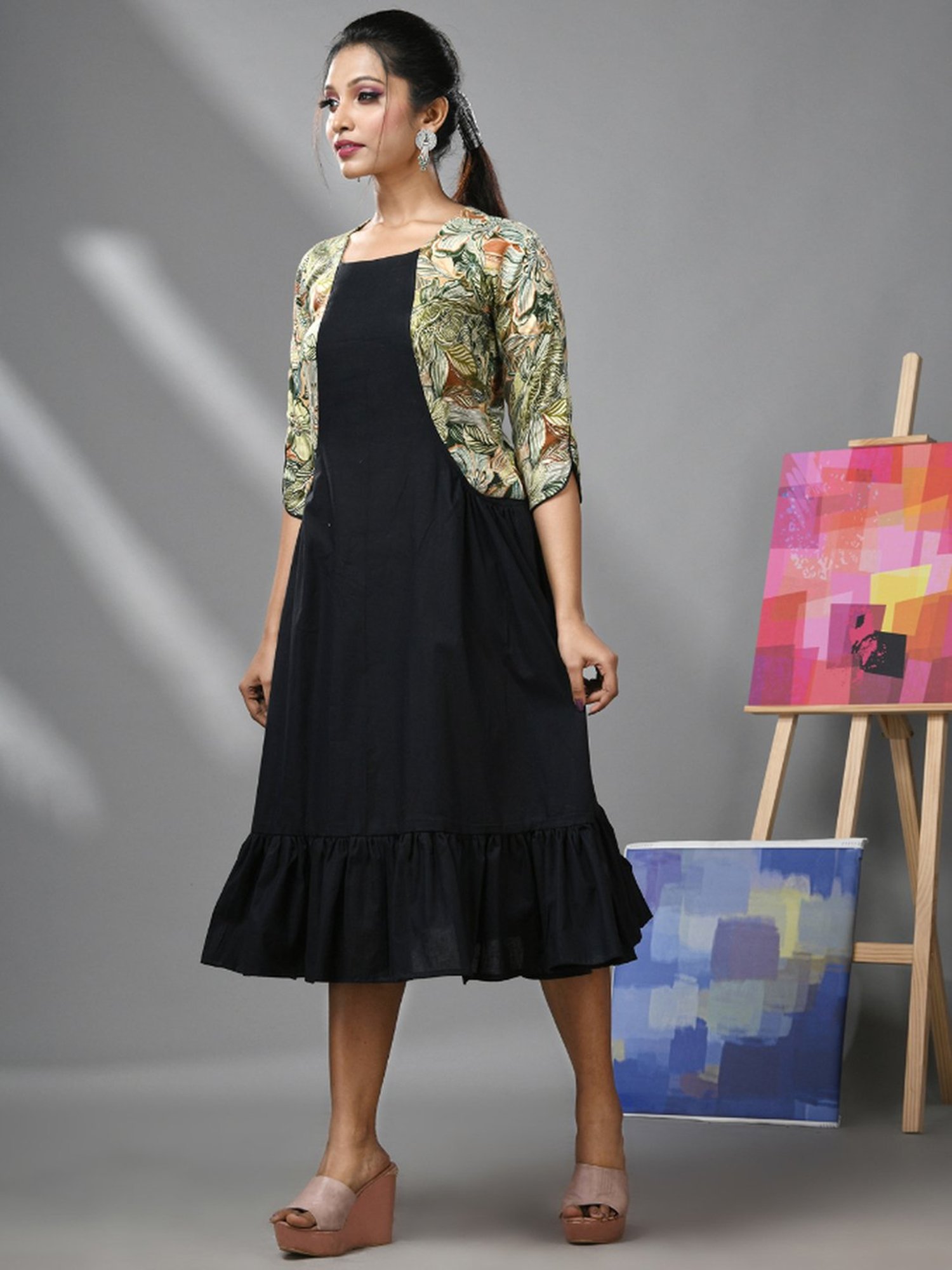 CHARUKRITI Black Cotton Printed A-Line Dress With Jacket