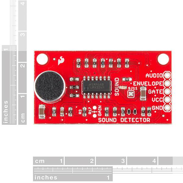 SparkFun Sound Detector Audio sensing breakout Three different outputs Audio Presence of sound Binary indication Amplitude Analog representation VCC: 3.5V to 5.5V Ideal voltage is 5V