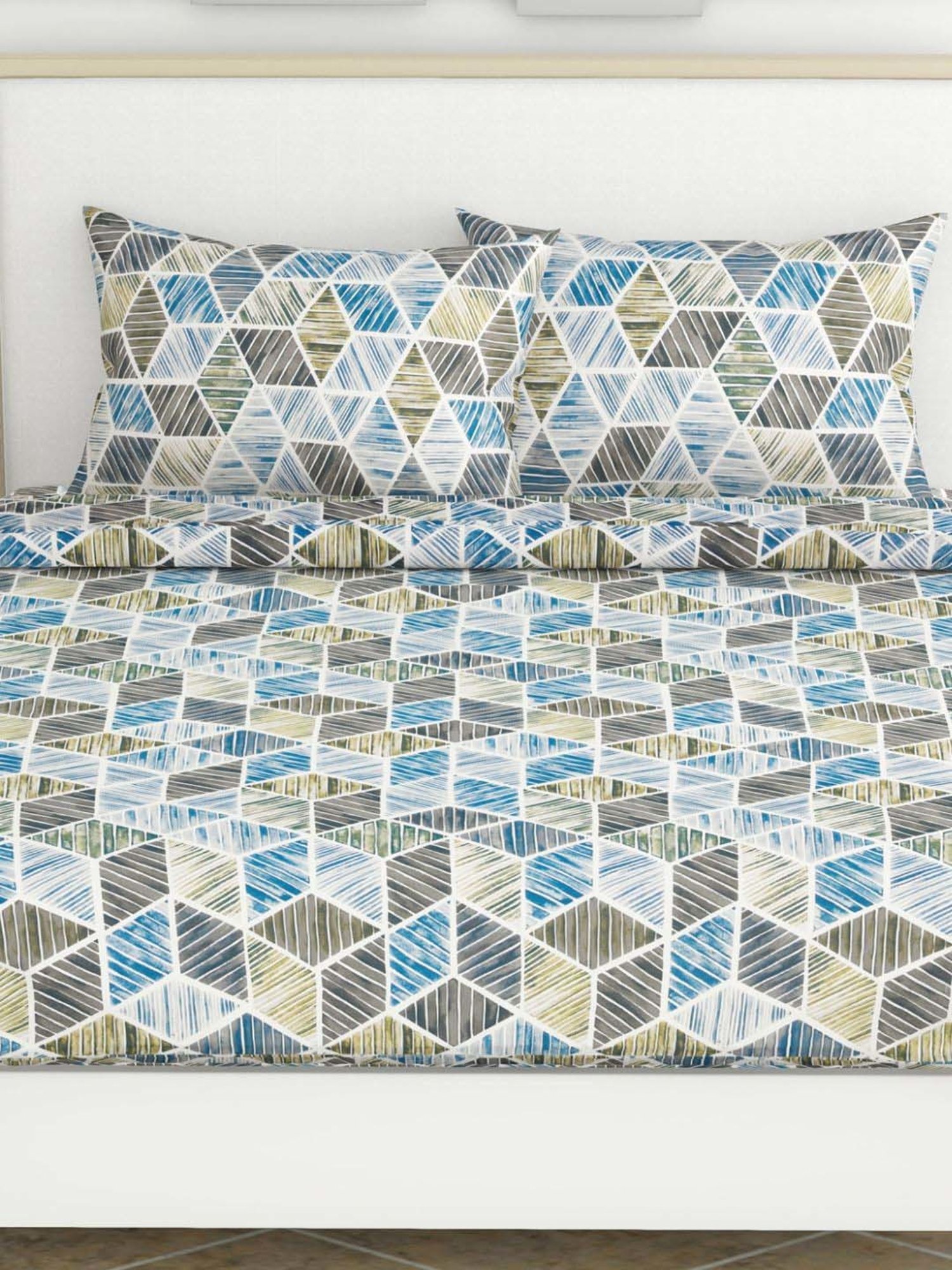 Haus & Kinder Cotton 186 TC Prism Delight Blue Printed Double Bedsheet with 2 Pillow Covers