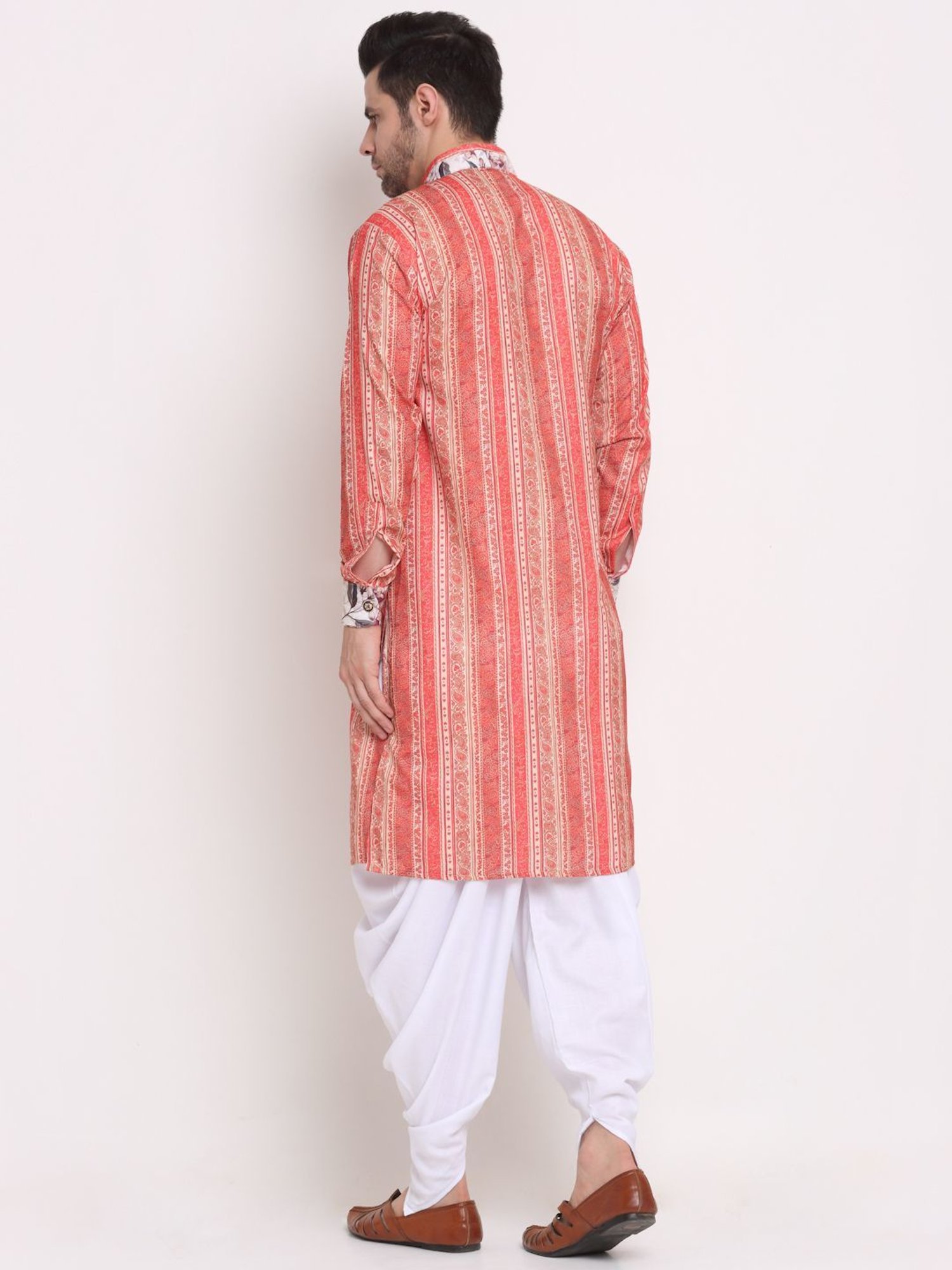 Benstoke Orange & Beige Cotton Regular Fit Printed Sherwani Set