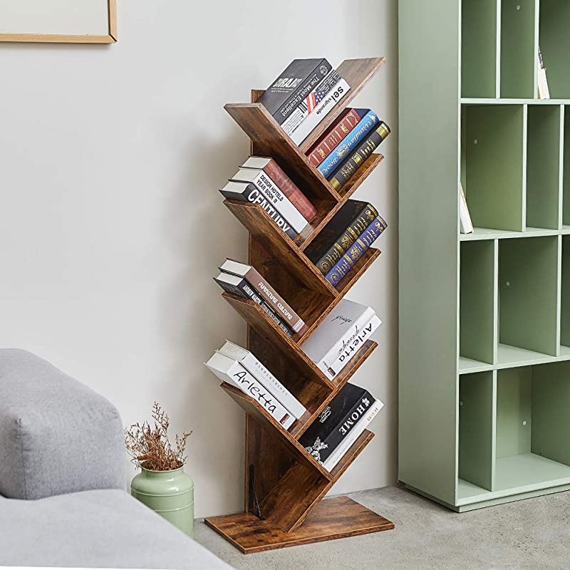 9-Shelf Tree Bookshelf, Floor Standing Tree Bookcase in Living Room/ Home/ Office, Bookshelves Storage Rack for CDs/ Movies/ Books - Rustic Brown