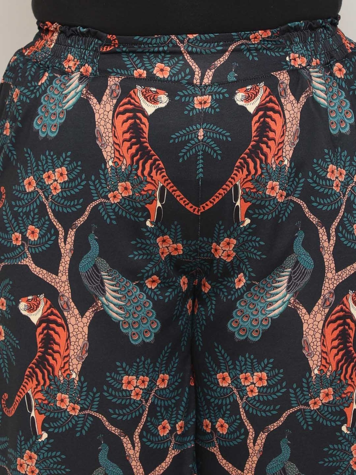 Amydus Jet Black Printed Flared Fit High Rise Pants