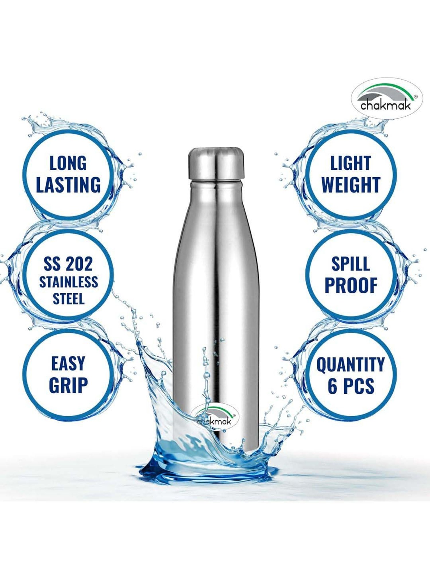 Chakmak Silver Stainless Steel Water Bottle - Set of 6