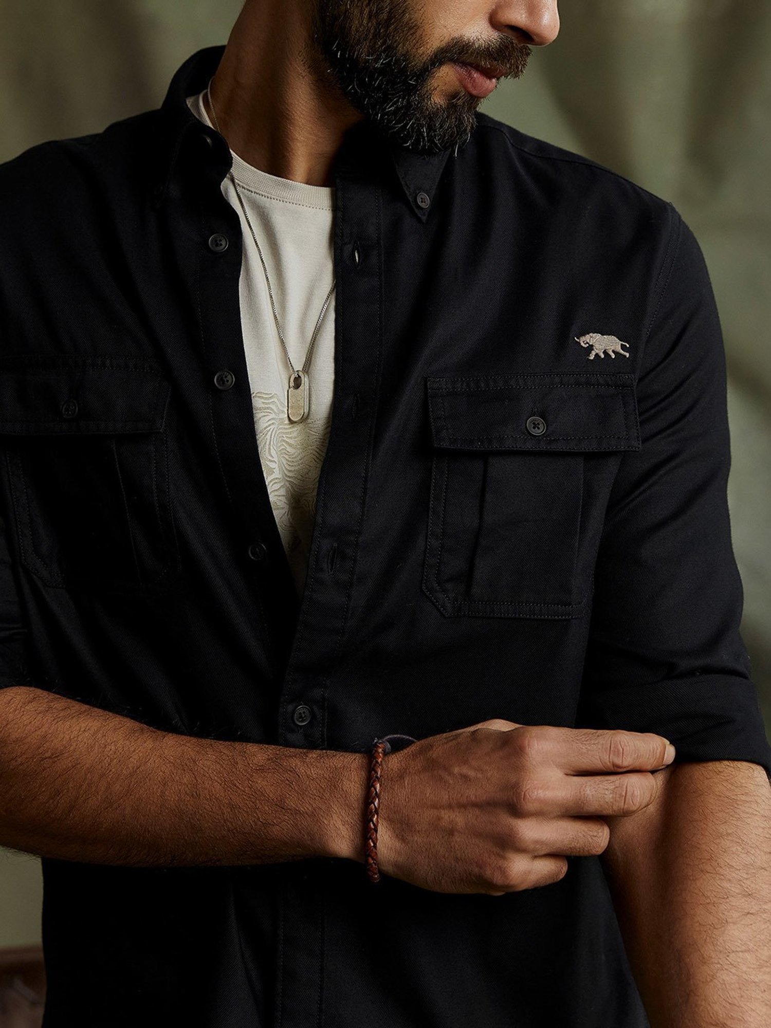 ANDAMEN Black Regular Fit Cotton Shirt