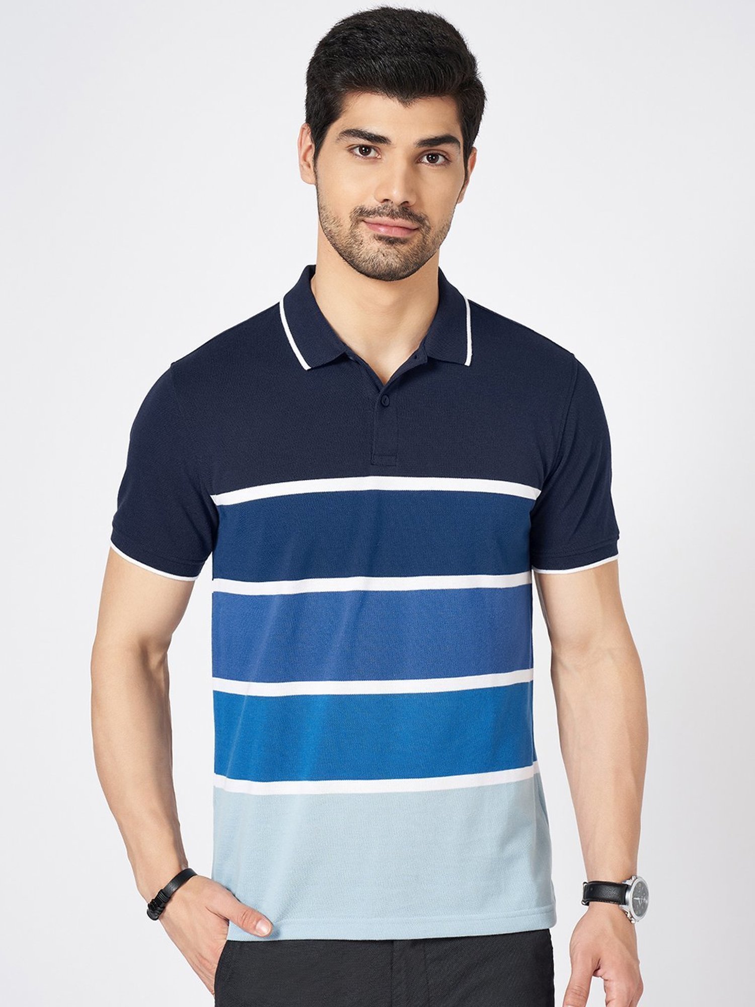 Byford By Pantaloons Blue Slim Fit Striped Polo T-Shirt