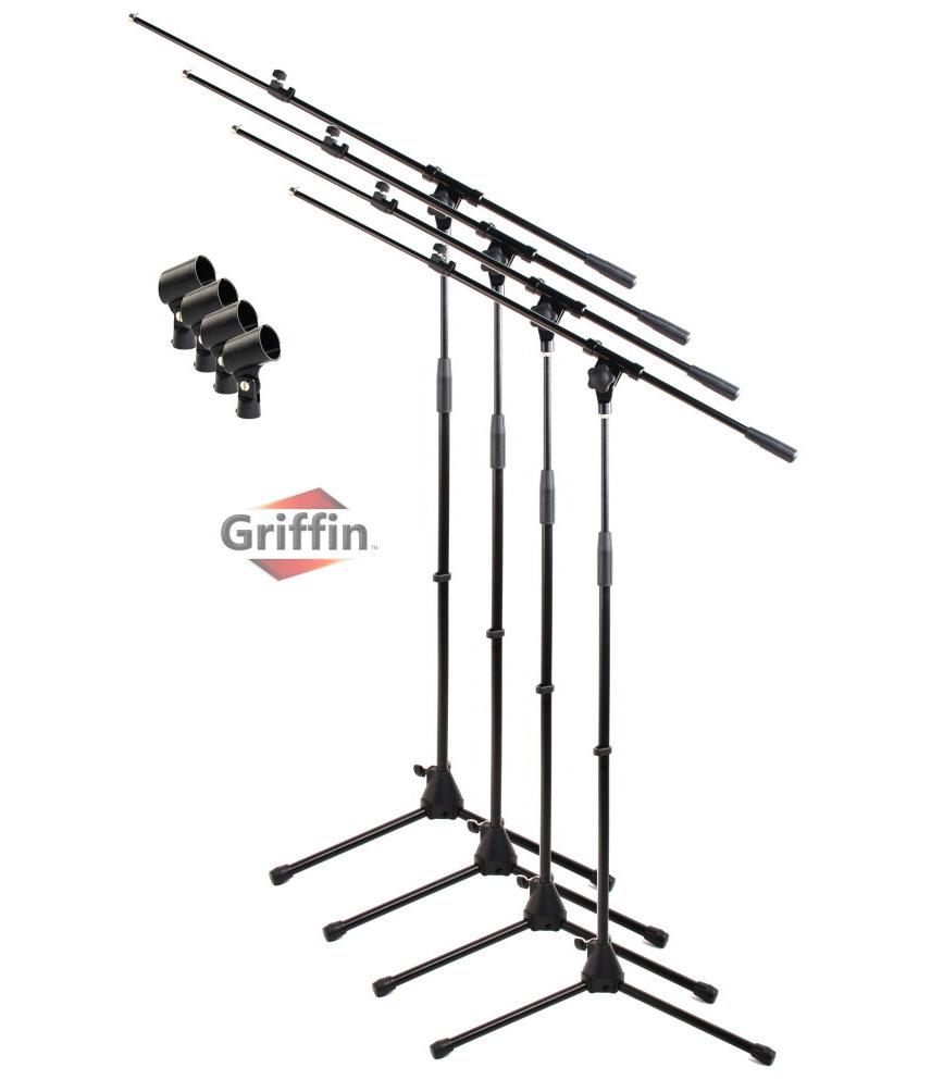 Tripod Microphone Boom Stand with Mic Clip Adapter (Pack of 4) by GRIFFIN | Adjustable Holder Mount For Studio Recording Accessories, Singing Vocal Karaoke, Live Stage | Folding Legs & Telescoping Arm