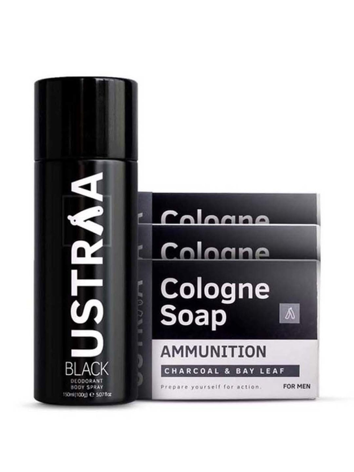 Ustraa Black Deodorant Body Spray & Ammunition Cologne Soap (Pack of 3)