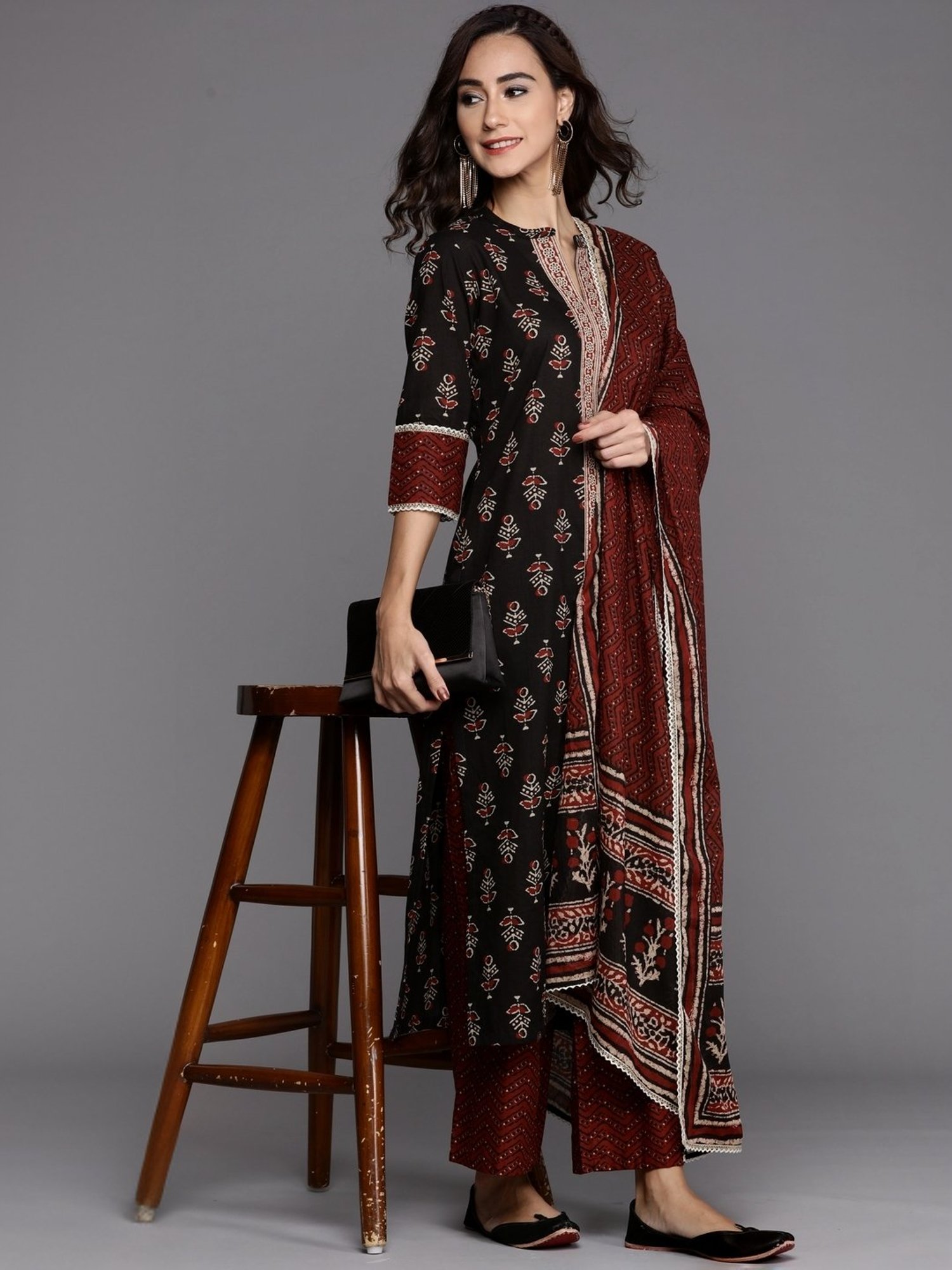 Libas Black & Maroon Cotton Printed Kurta Palazzo Set With Dupatta