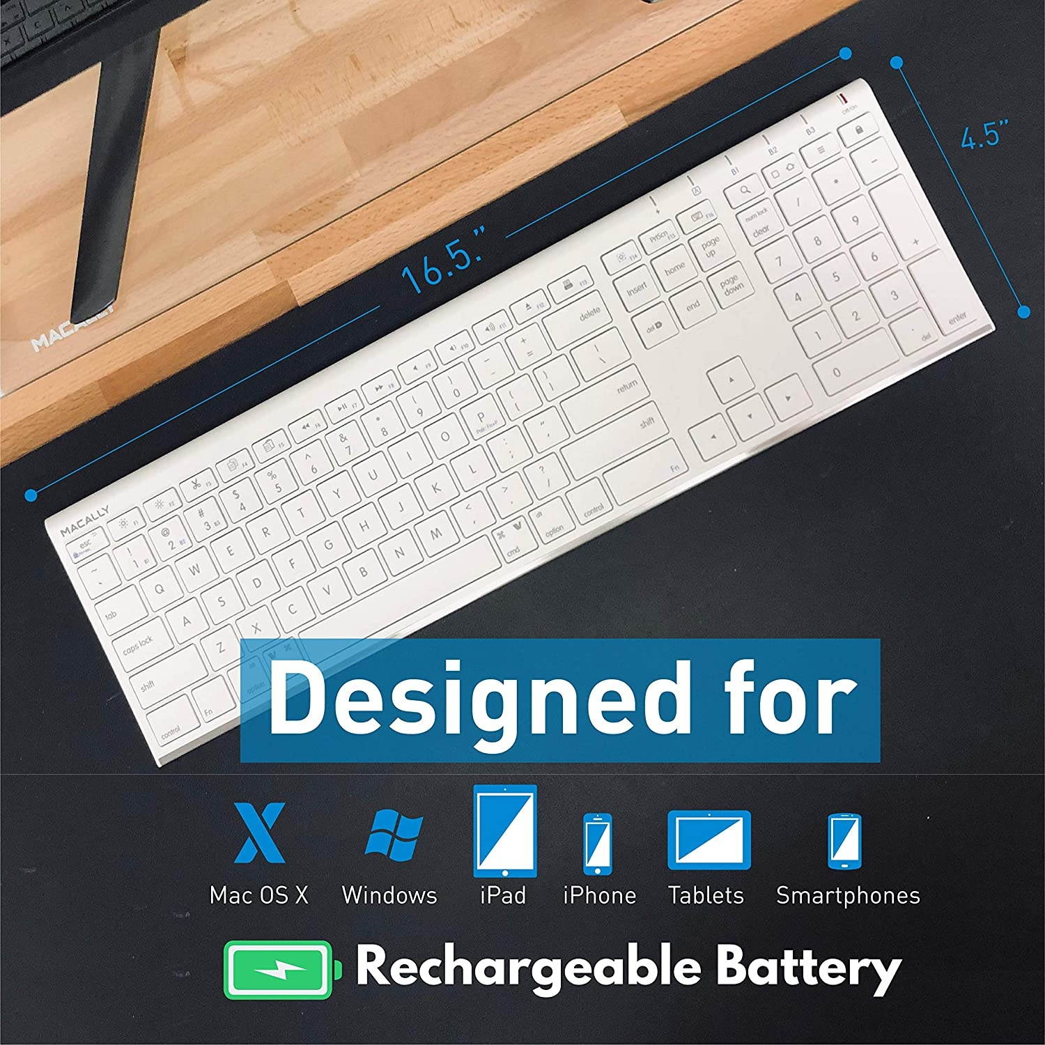 Macally Wireless Bluetooth Keyboard for Mac or PC - Multisync, Connect up to 3 Devices Simultaneously - Rechargeable Mac Wireless Keyboard with 110 Keys, 20 Shortcuts, and Numeric Keypad - White