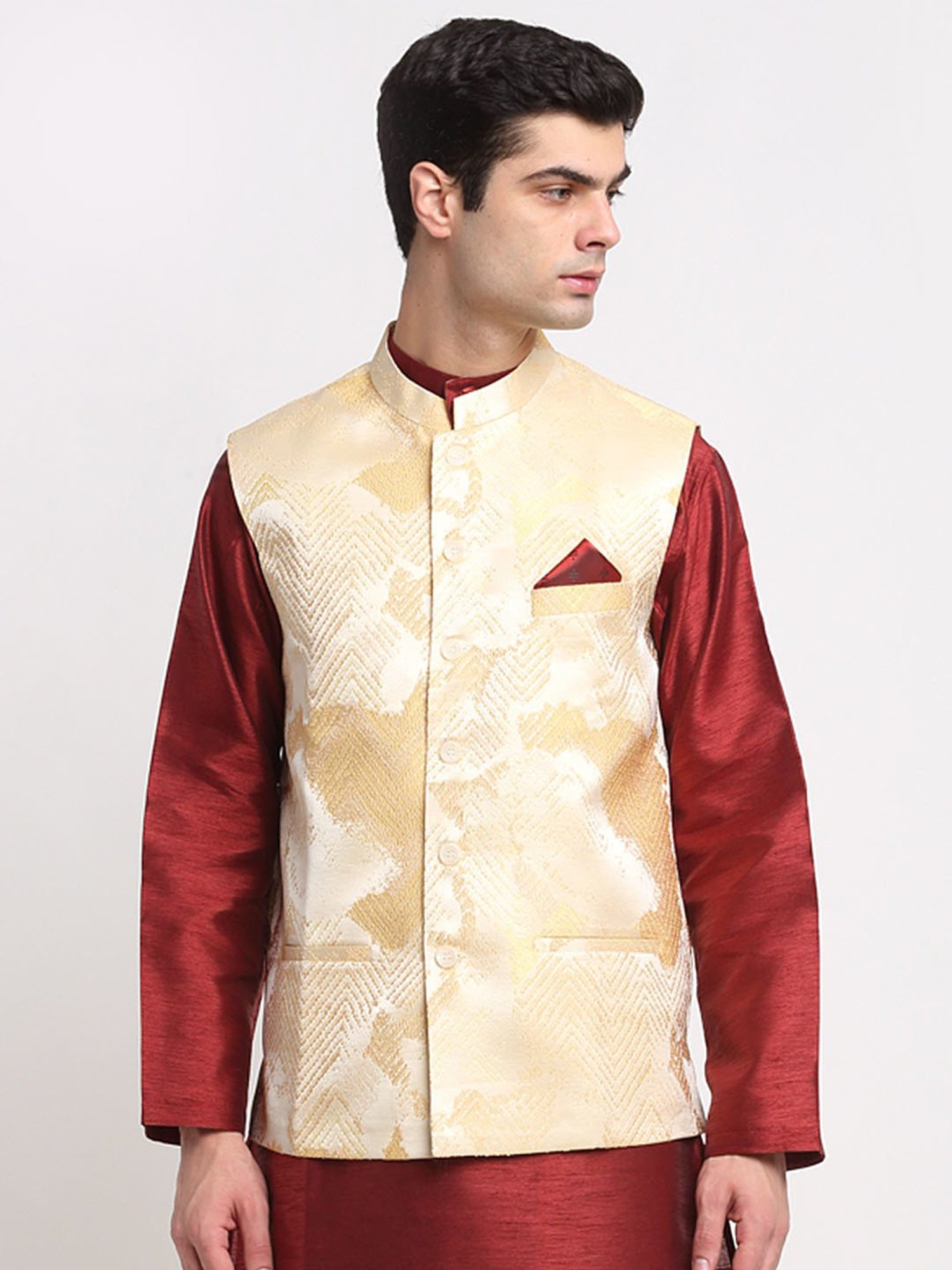 NEUDIS Beige Jacquard Nehru Jacket