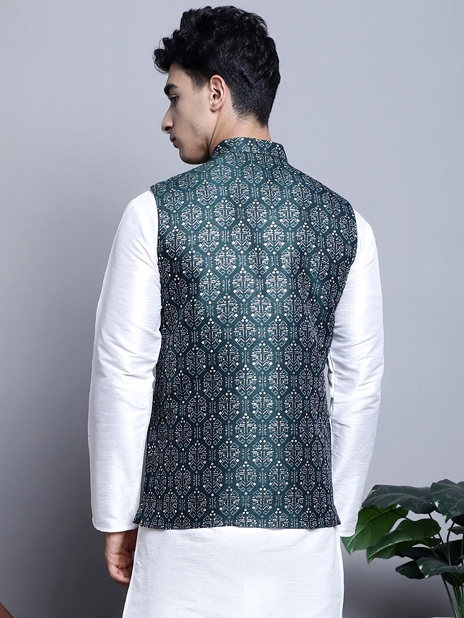Jompers Olive Regular Fit Printed Nehru Jacket