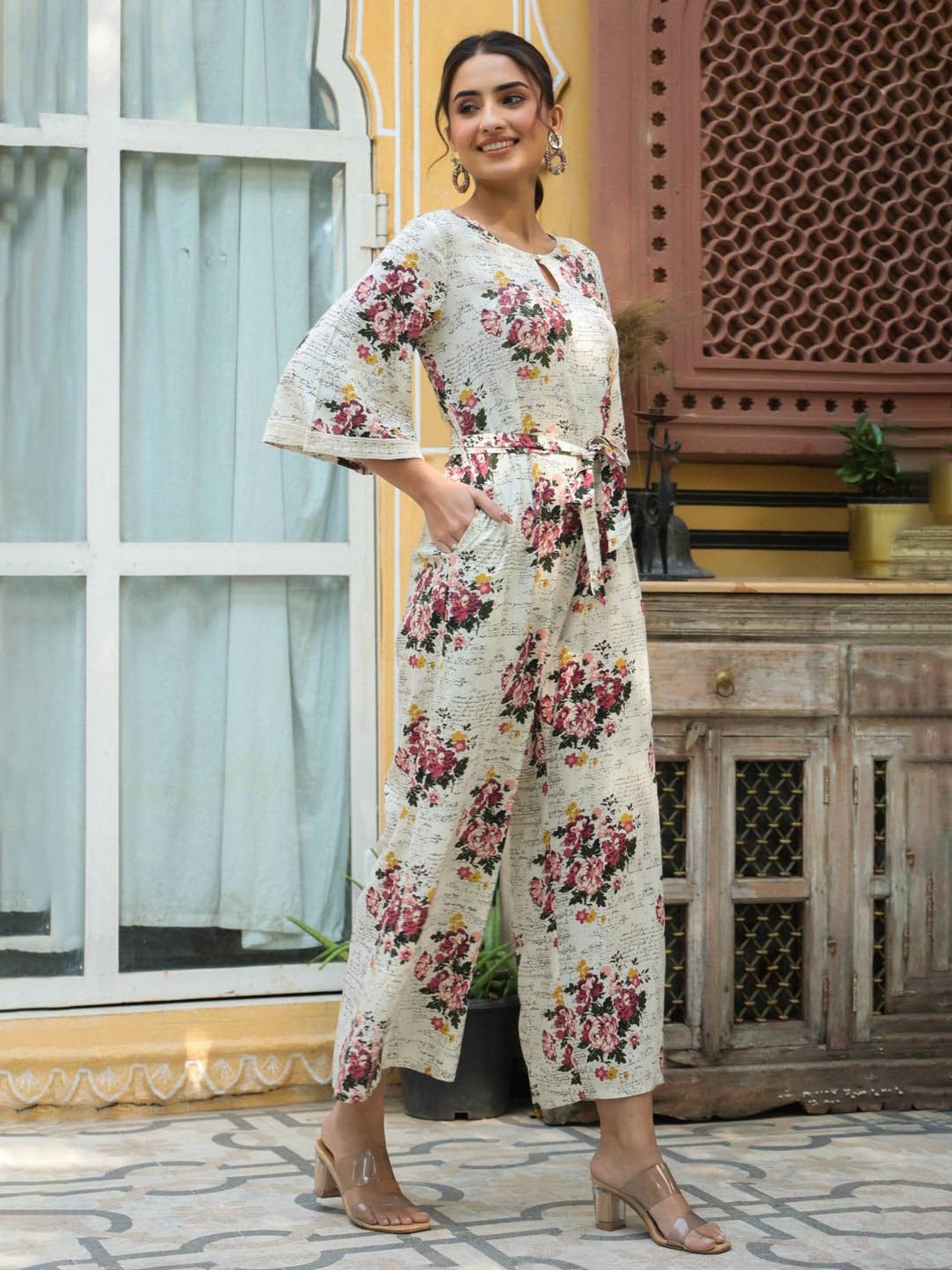 Juniper Off-White Floral Printed Rayon Slub Jumpsuit With Zip Closure