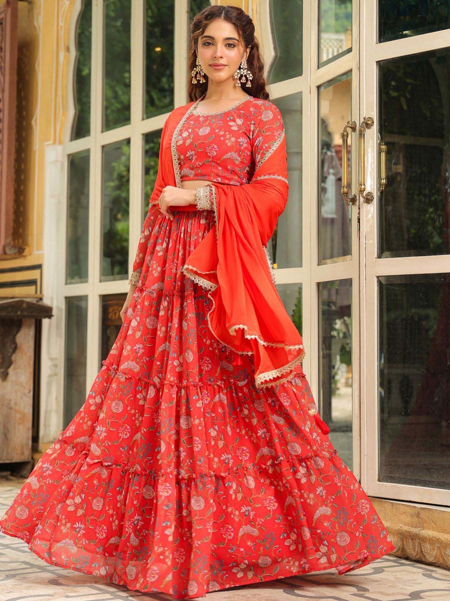 Janasya Red Printed Lehenga Choli Set With Dupatta