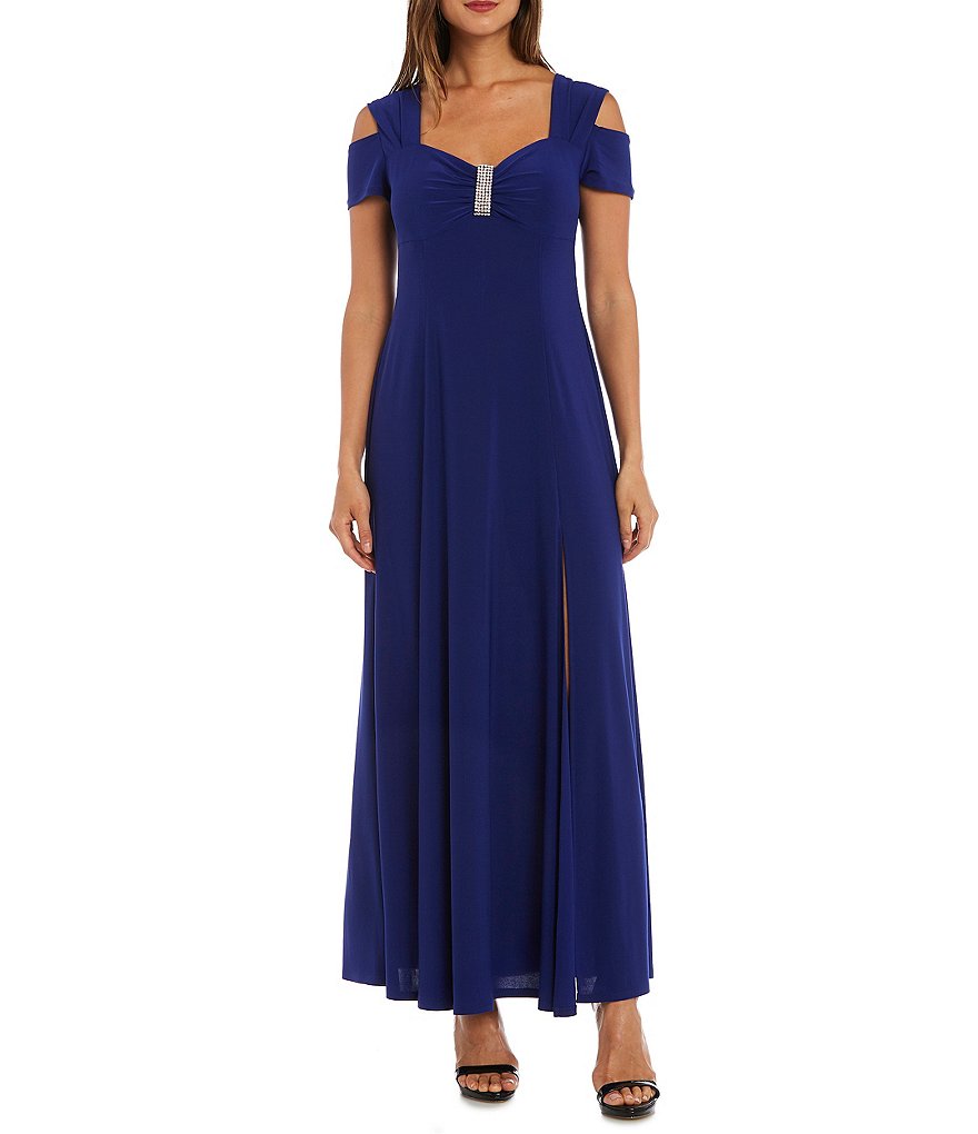 R & M Richards Rhinestone-Trim Cold-Shoulder Matte Jersey Gown