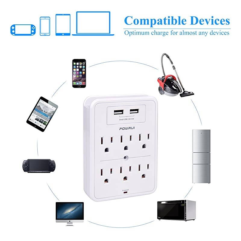 Surge Protector USB Wall Charger with 2 USB Charging PortsSmart 24A Total 6Outlet Extender and Top Phone Holder for Your Cell Phone White ETL Listed