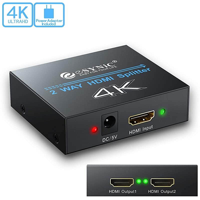 1x2 HDMI Splitter, 4K HDMI Splitter 1 in 2 Out HDMI Amplifier Adapter Aluminum Ver 1.4 HDCP with Power Adapter Supports 3D 4K@30HZ Full HD1080P for PC PS3 PS4 Blu-ray Player HDTV
