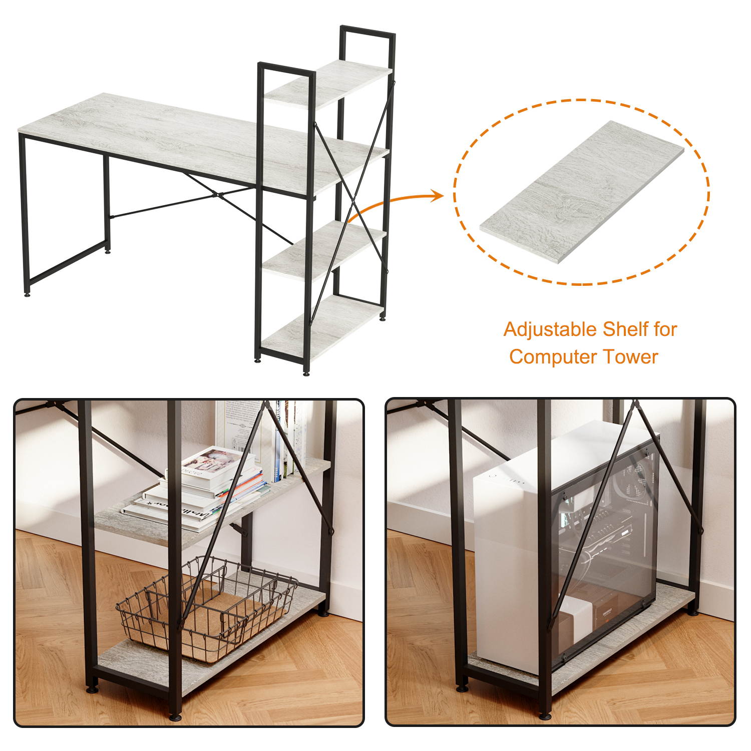 Bestier 63 Inch Computer Desk with Storage Shelves, Modern Bookshelf Desk with Headphone Hook Large Workstation Writing Desk with Reversible Bookshelves Home Office Work Table Study Desk Grey