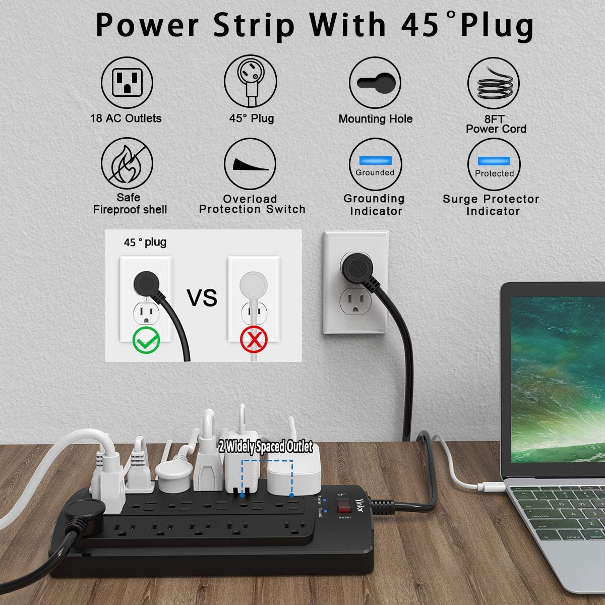 8 Ft Power Strip, Surge Protector with 18 AC Outlets, 8 Feet Flat Plug Extension Cord (1875W/15A) for for Home, Office, Dorm Essentials, 2100 Joules, ETL Listed, Black