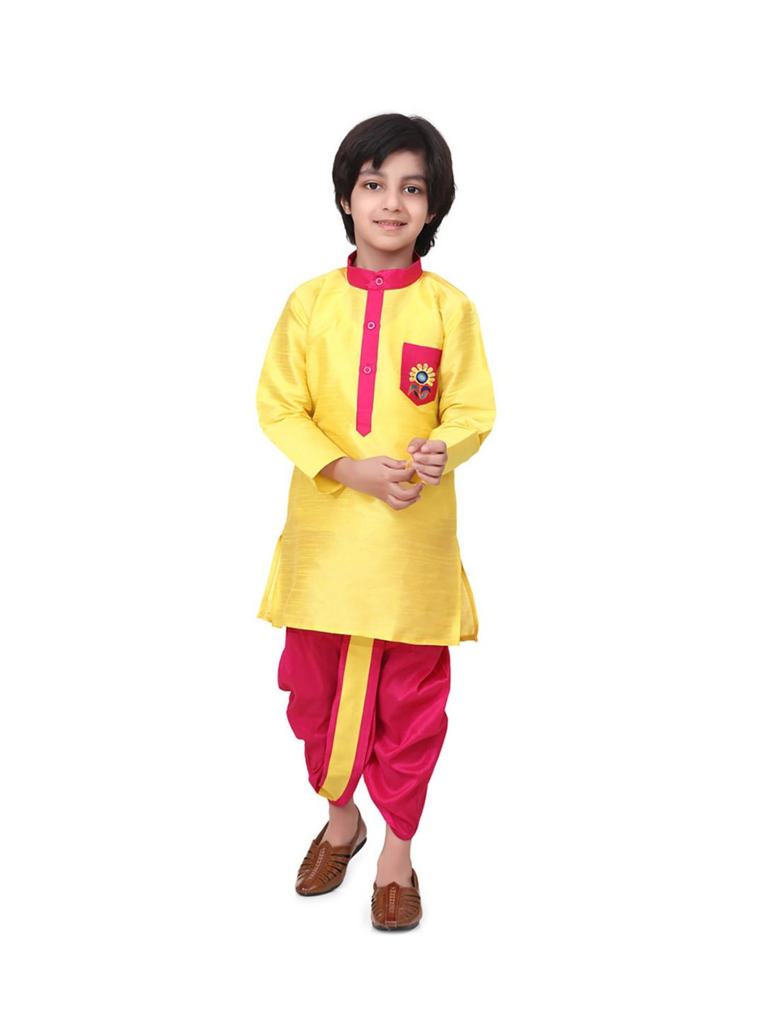 BownBee Kids Yellow & Pink Embroidered  Kurta with Dhoti