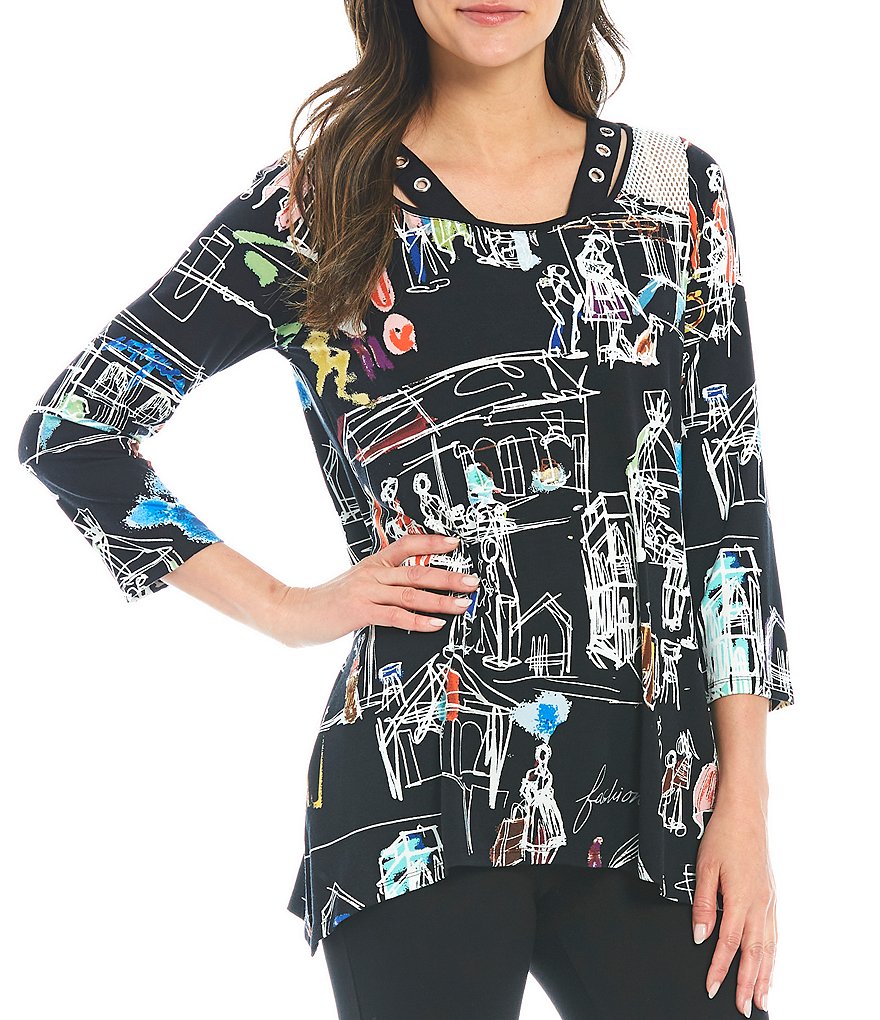 Ali Miles Petite Size Conversational Sketch Print Square Neck 3/4 Sleeve Tunic