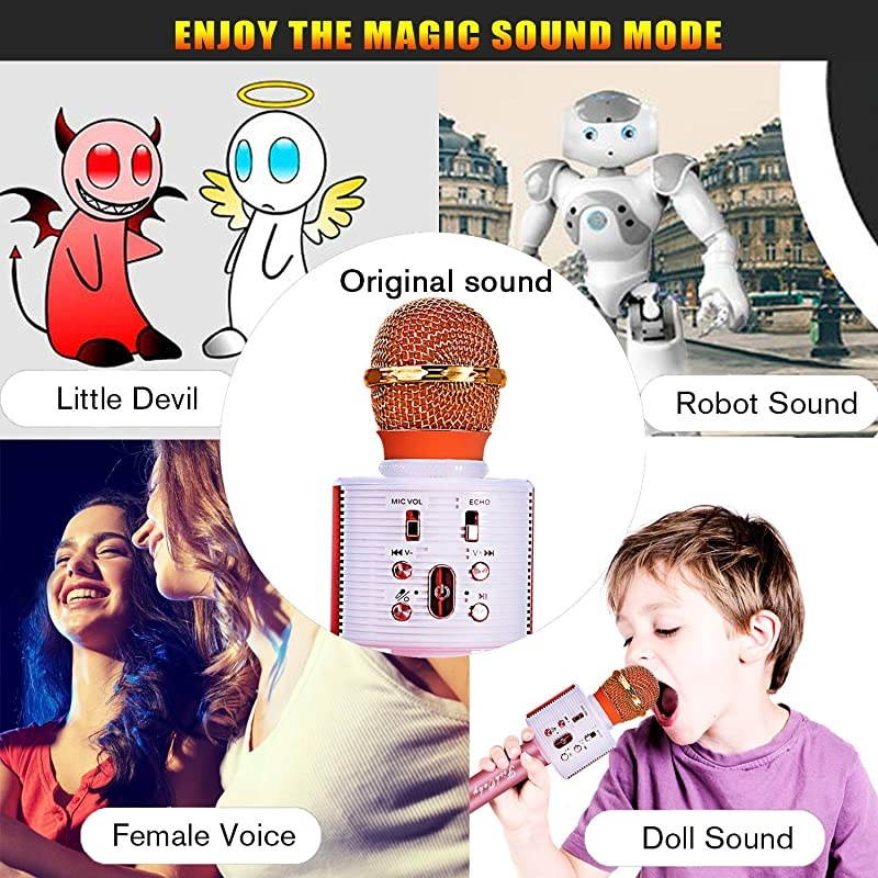 Karaoke Microphone, Bluetooth Karaoke Machine Kids Portable Mic Player Speaker with LED & Music Singing Voice Recording for Christmas Birthday Home Party KTV Outdoor