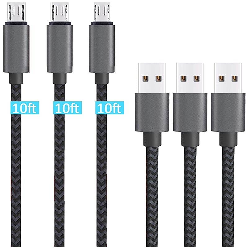 Micro USB Cable 10ft 3Pack by  High Speed 20 USB A Male to Micro USB Sync Charging Nylon Braided Cable for Android Phone Charger Cable Tablets Wall and Car Charger Connection BlackGrey