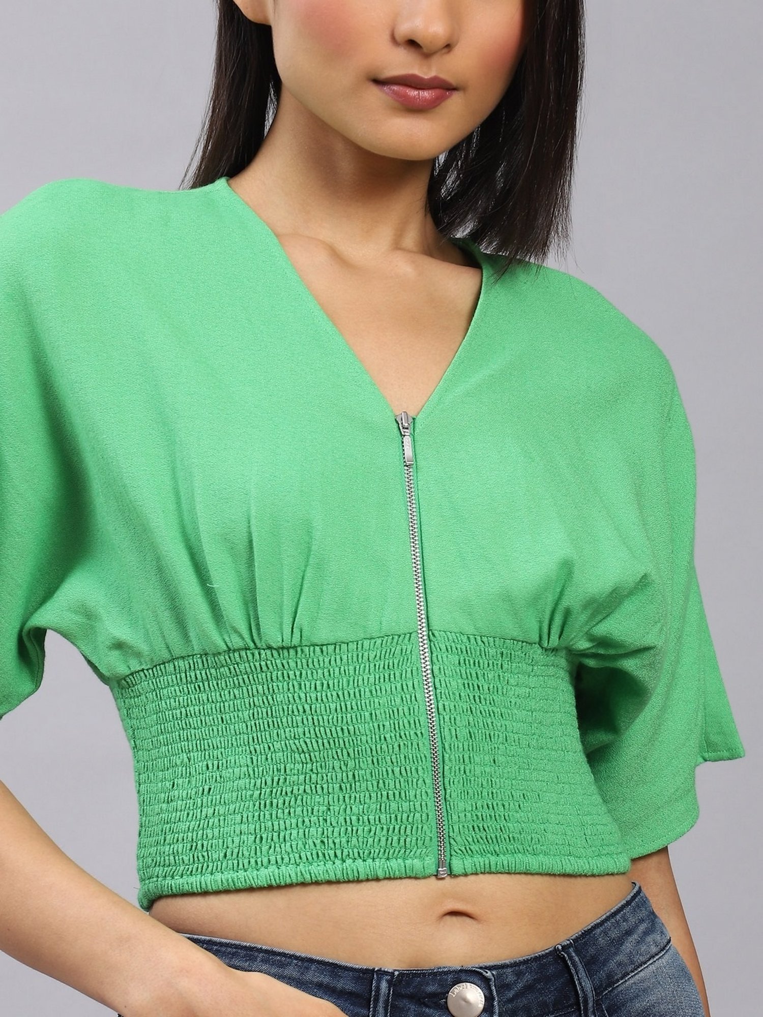 Label Ritu Kumar Green Cotton Blend Solid Cropped Zipper Top
