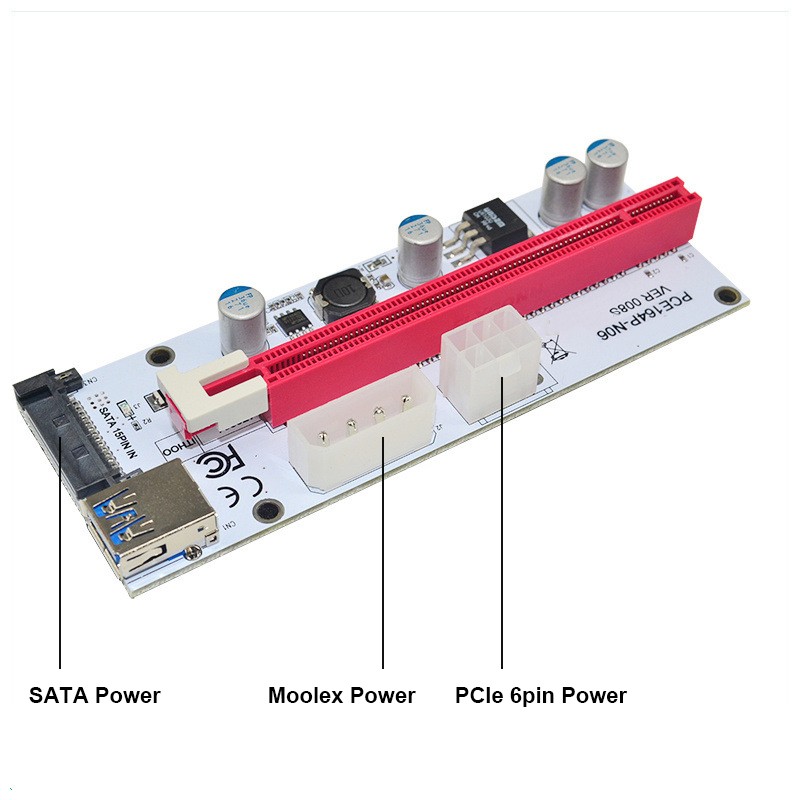 ITHOO 6pcs/Lot 4 Solid Capacitors VER PCI Express PCI-e 1X to 16X Mining Riser Card Cable,USB 3.0 Bitcoin Miner Machine X16 to PCI e Mining ETH GPU Riser Adapter Power by SATA,Molex 4pin , 6pin