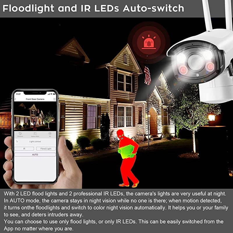 Floodlight PTZ 20x Zoom]  Security Camera Outdoor, 3MP Security Camera Wireless WiFi Camera, PTZ Control, Auto Floodlight, Color Night Vision, Motion Detection MSG and Siren (Standalone CAM),