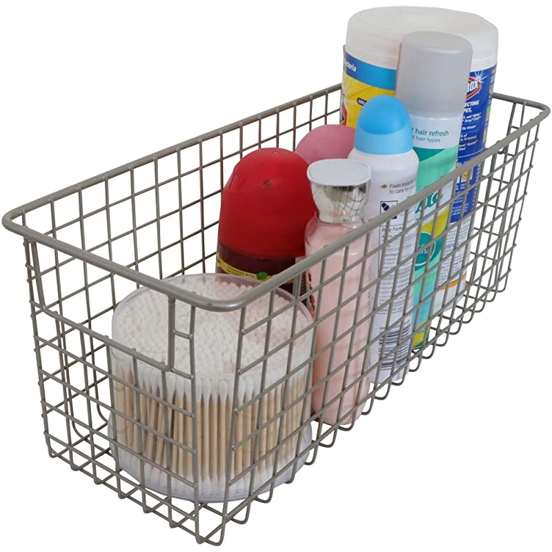 Small Farmhouse Metal Wire Storage Basket Bins with Handles 16" x 6" x 6" Closets, Shelves, Cabinets, Bathrooms (Satin, 2)