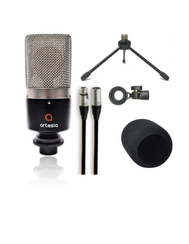 Artesia AMC 10 Cardioid Condenser Microphone With Pop Filter 8 inch XLR Cable and Tripod Stand