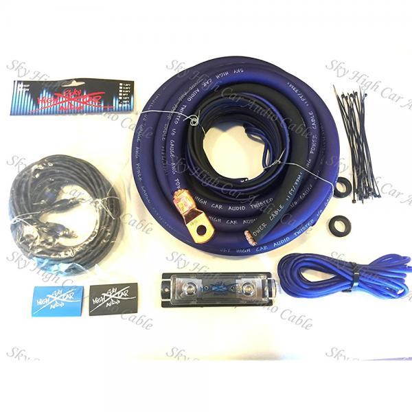 Oversized 1/0 Ga CCA AWG Amp Kit Twisted RCA Blue Black Complete Sky High