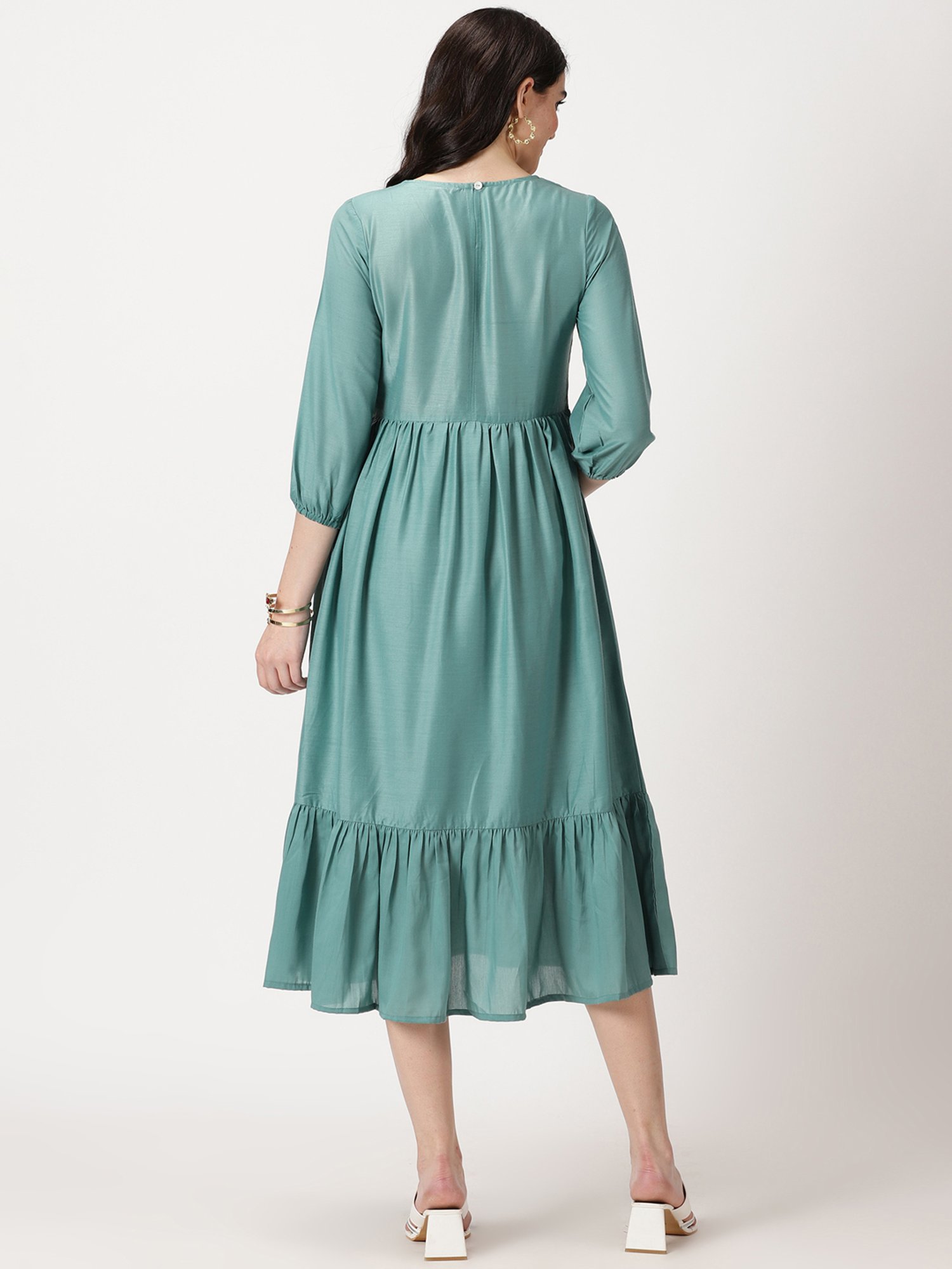 Saffron Threads Sea Green Embroidered Midi Dress