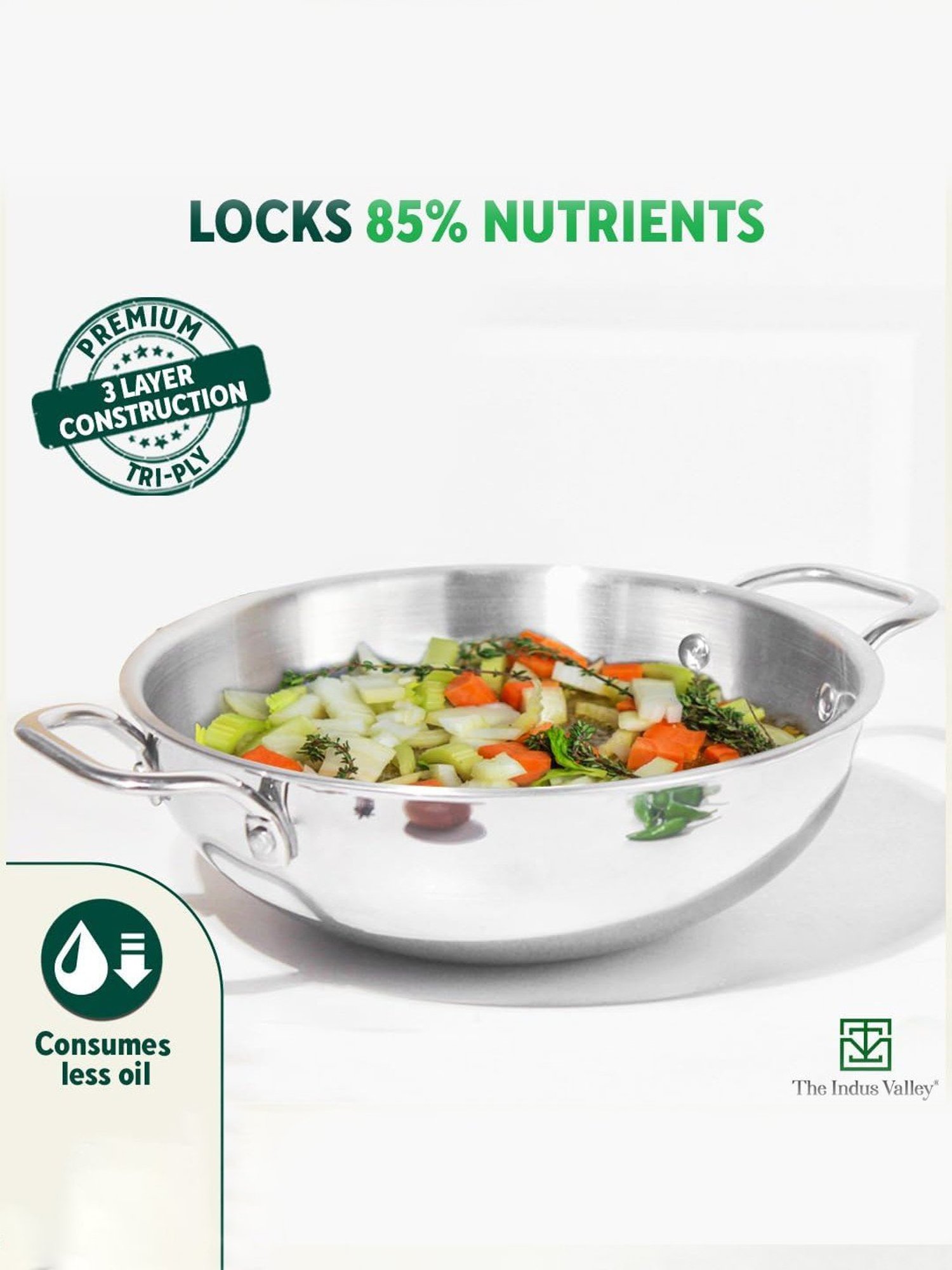 The Indus Valley Silver Stainless Steel Kadhai with Free Wooden Flip (1.7 L)