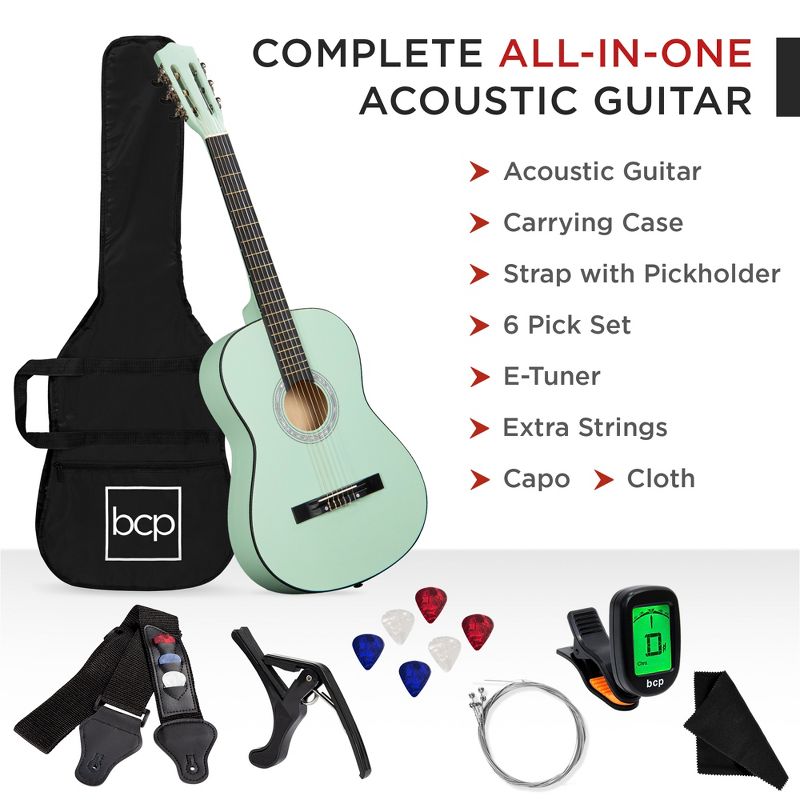 Best Choice Products 38in Beginner Acoustic Guitar Starter Kit w/ Case, Strap, Digital Tuner, Strings - SoCal Green