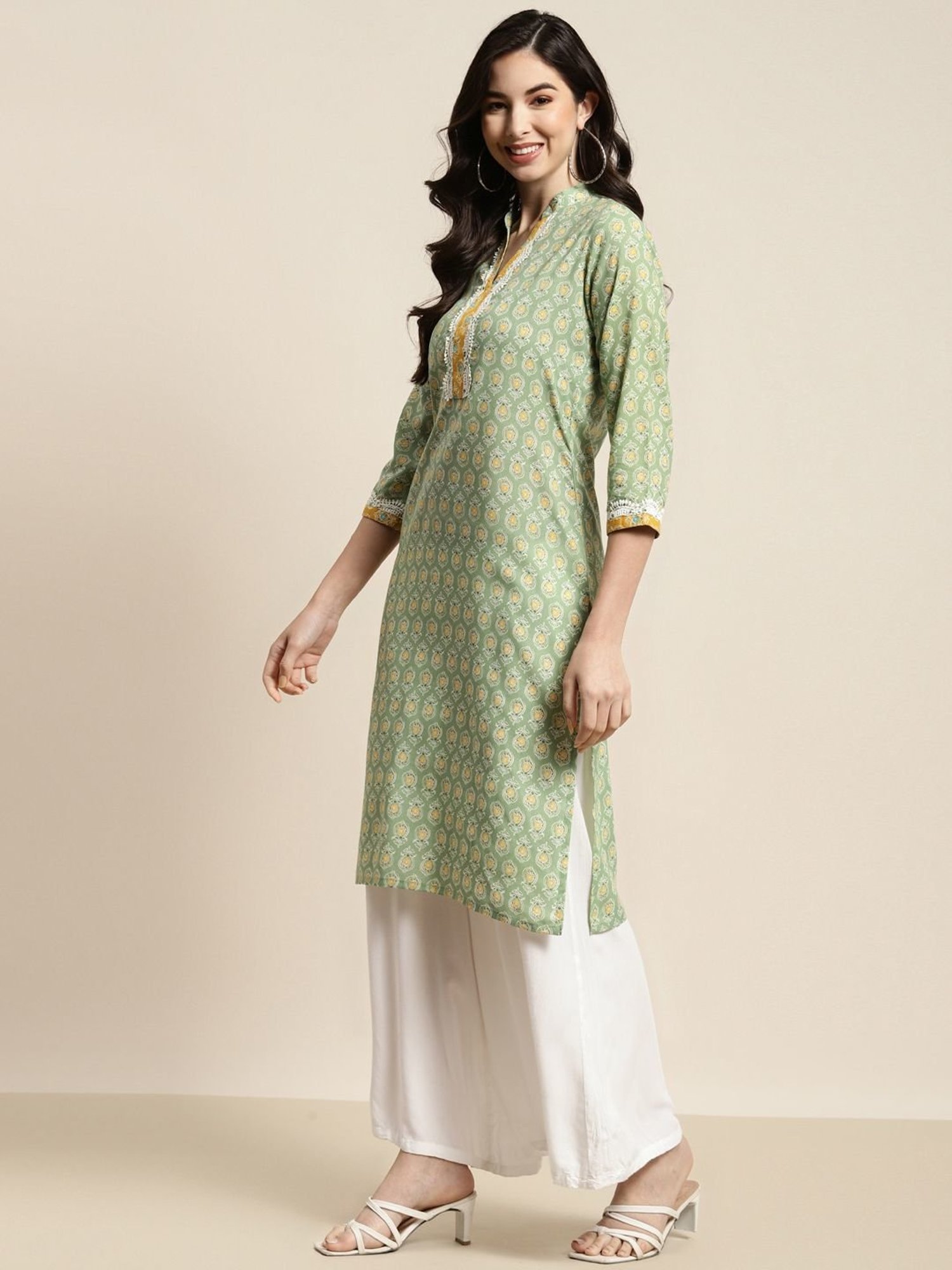 Jompers Green Cotton Floral Print Straight Kurta