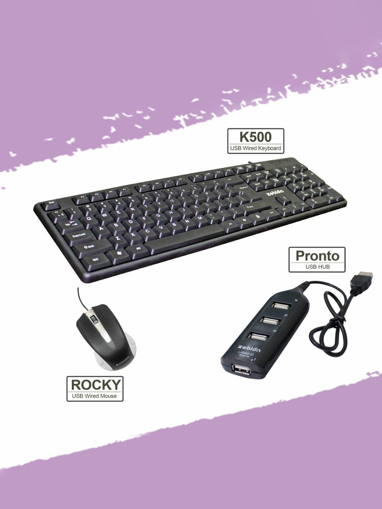 Zebion K500 Wired Keyboard, Rocky Wired Mouse Combo Set with Pronto 101 USB Hub (Black)