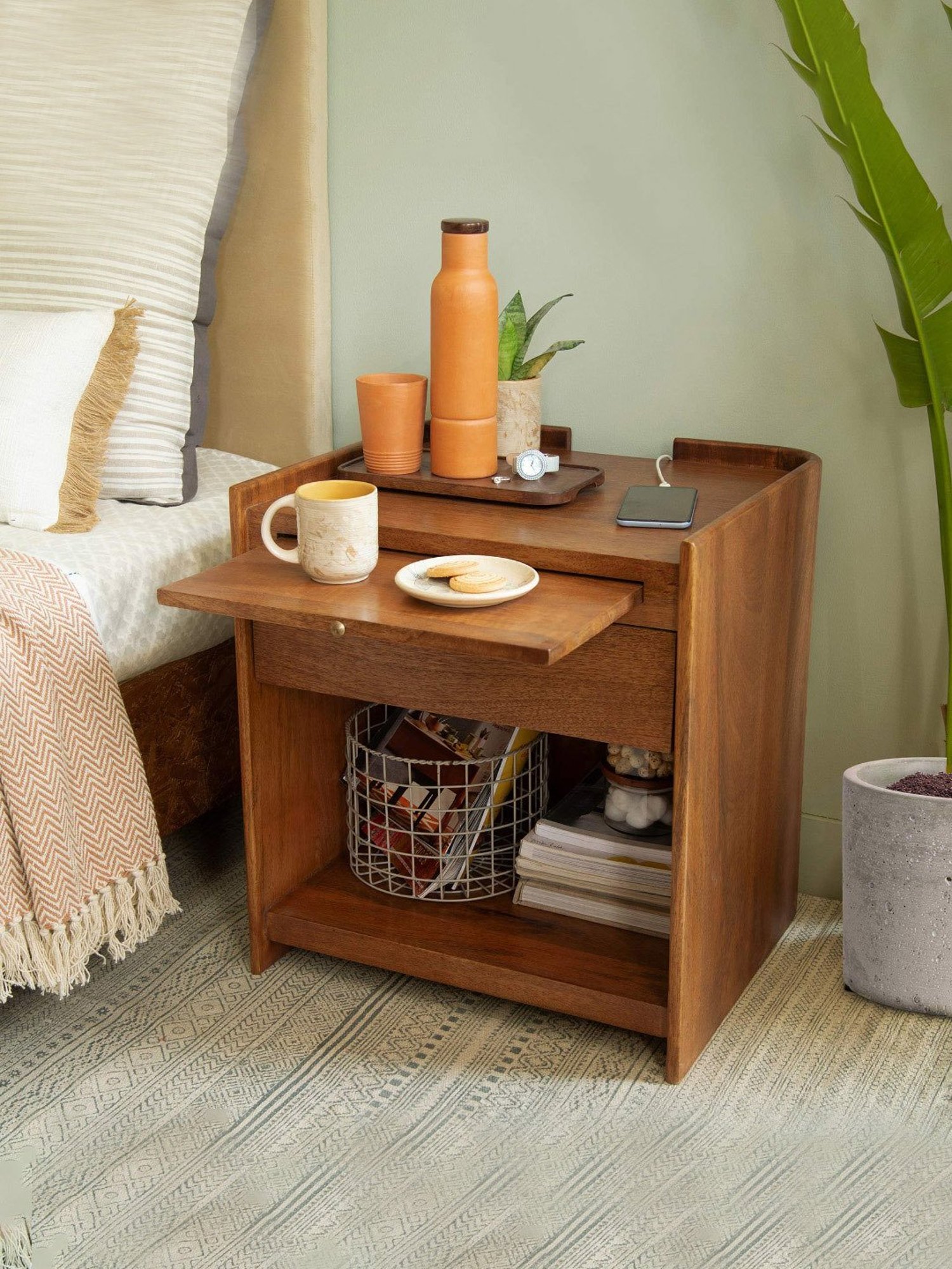 ellementry Bruno Brown Mango Wood End Table with Sleek Slider Drawer
